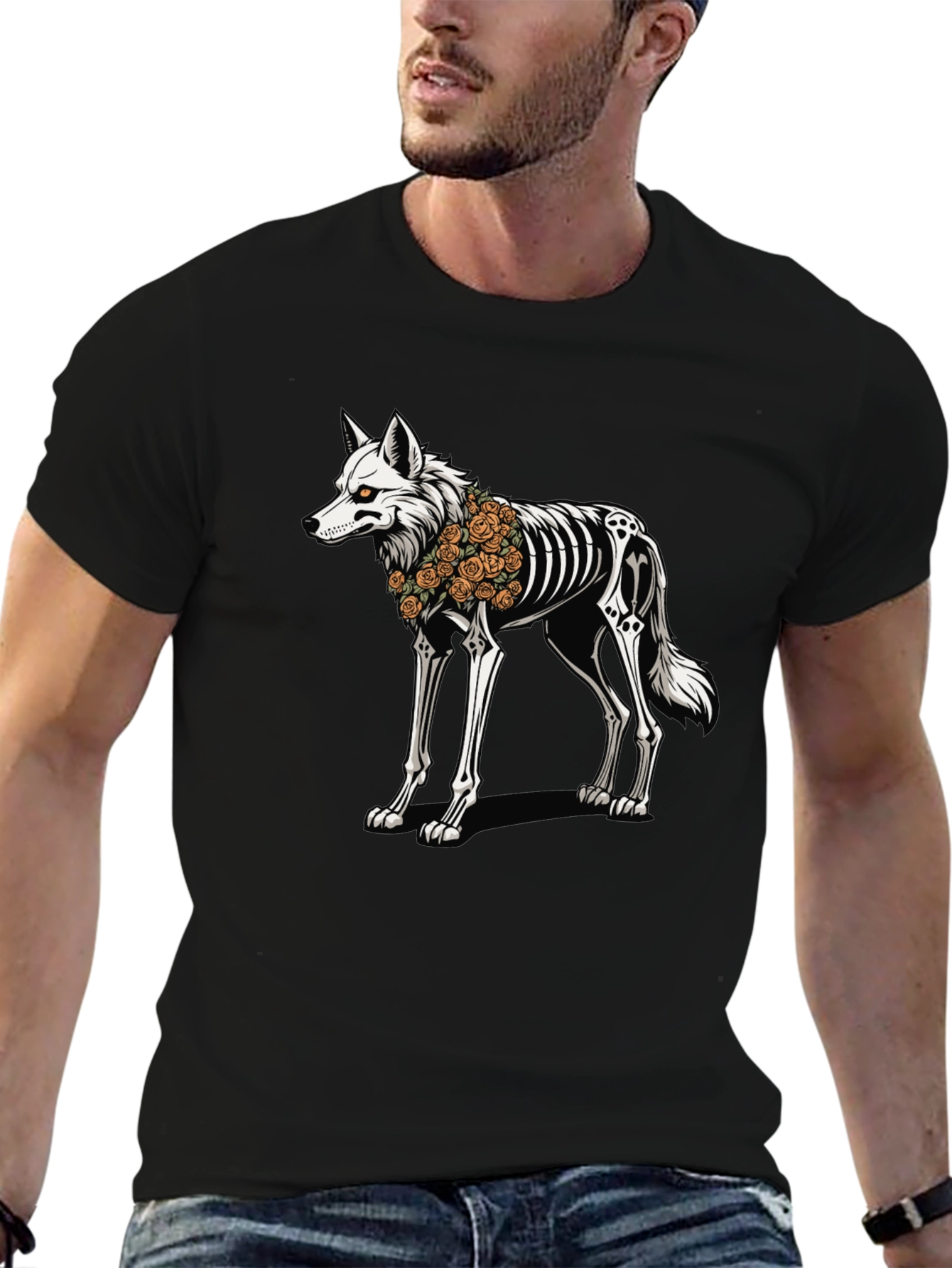 Black Skeleton Wolf Graphic Tee - Day of the Dead Style view 6