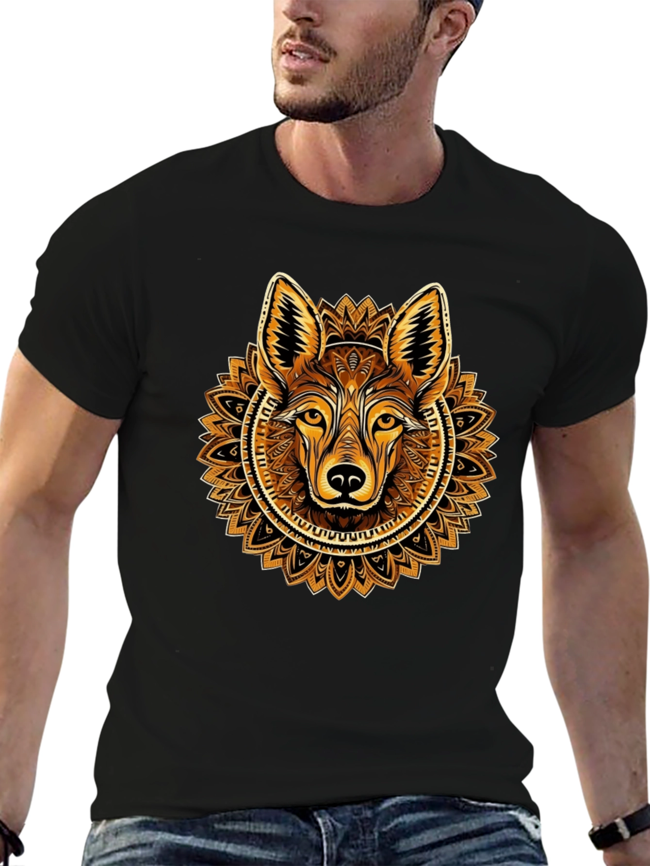 Black Wolf Mandala Graphic Tee - Trendy Crew Neck Shirt view 6
