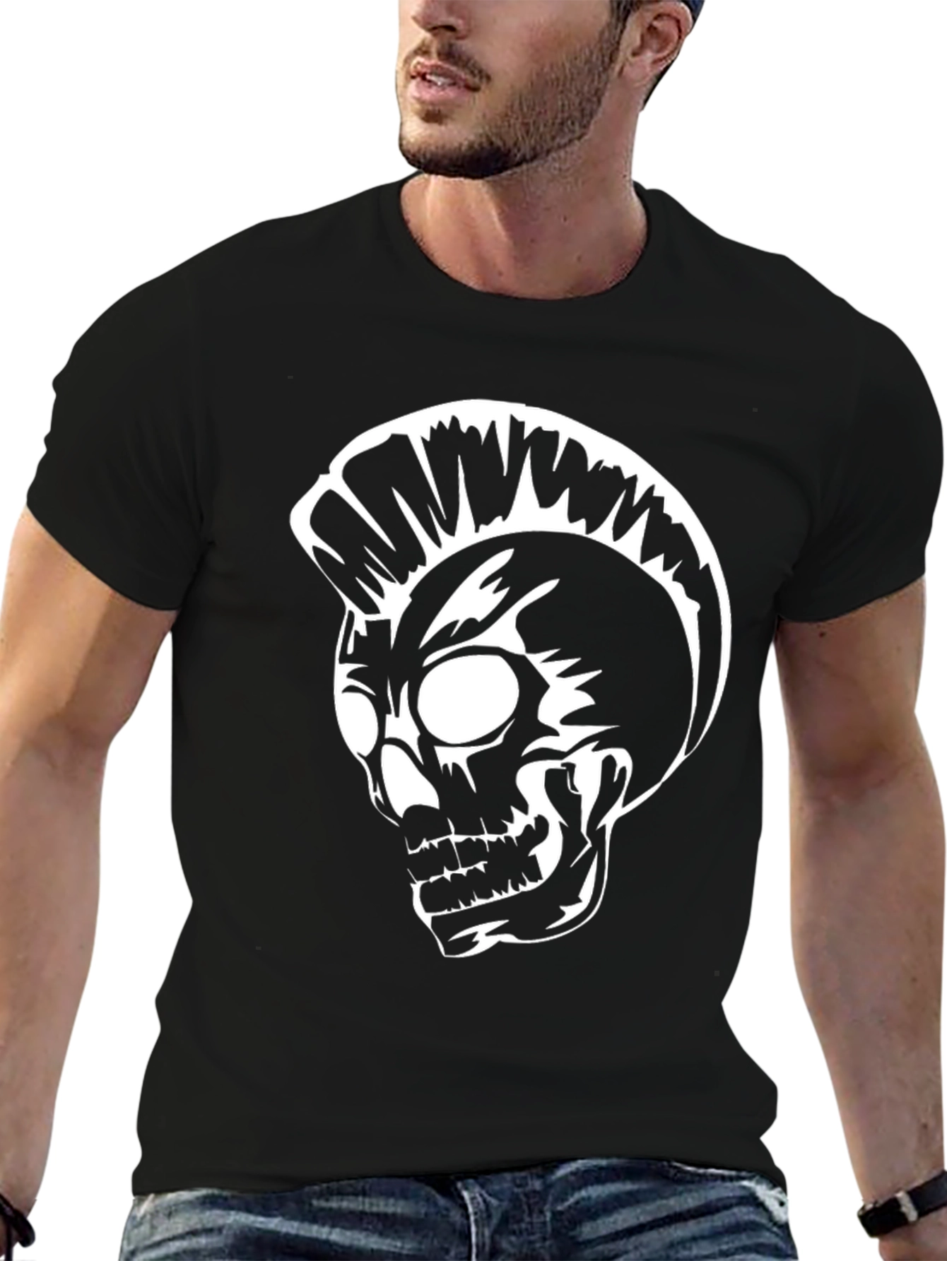 Black Punk Skull Graphic Tee - Black Cotton T-Shirt view 6