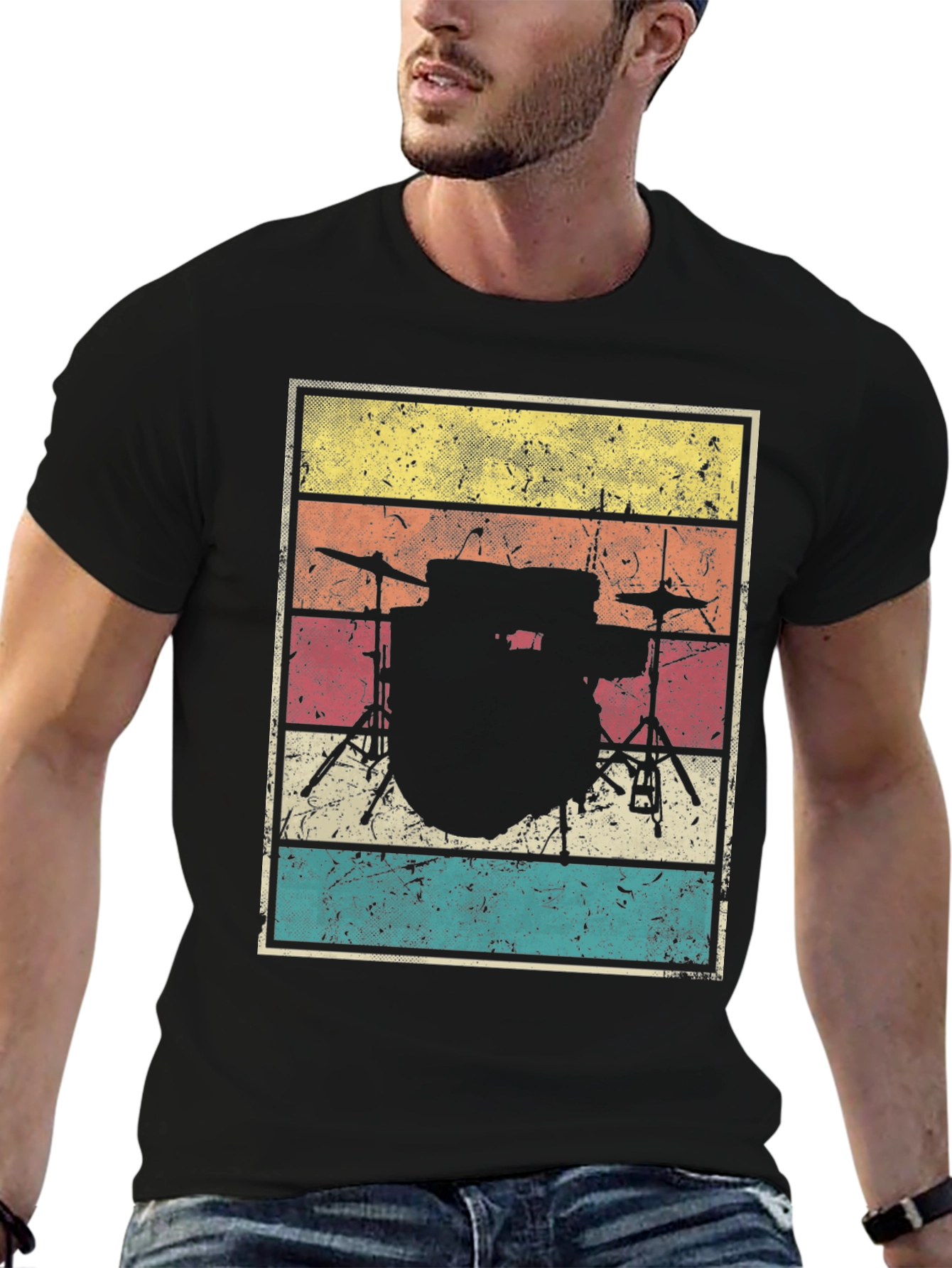 Black Vintage Drum Set T-Shirt - Retro Music Tee view 6