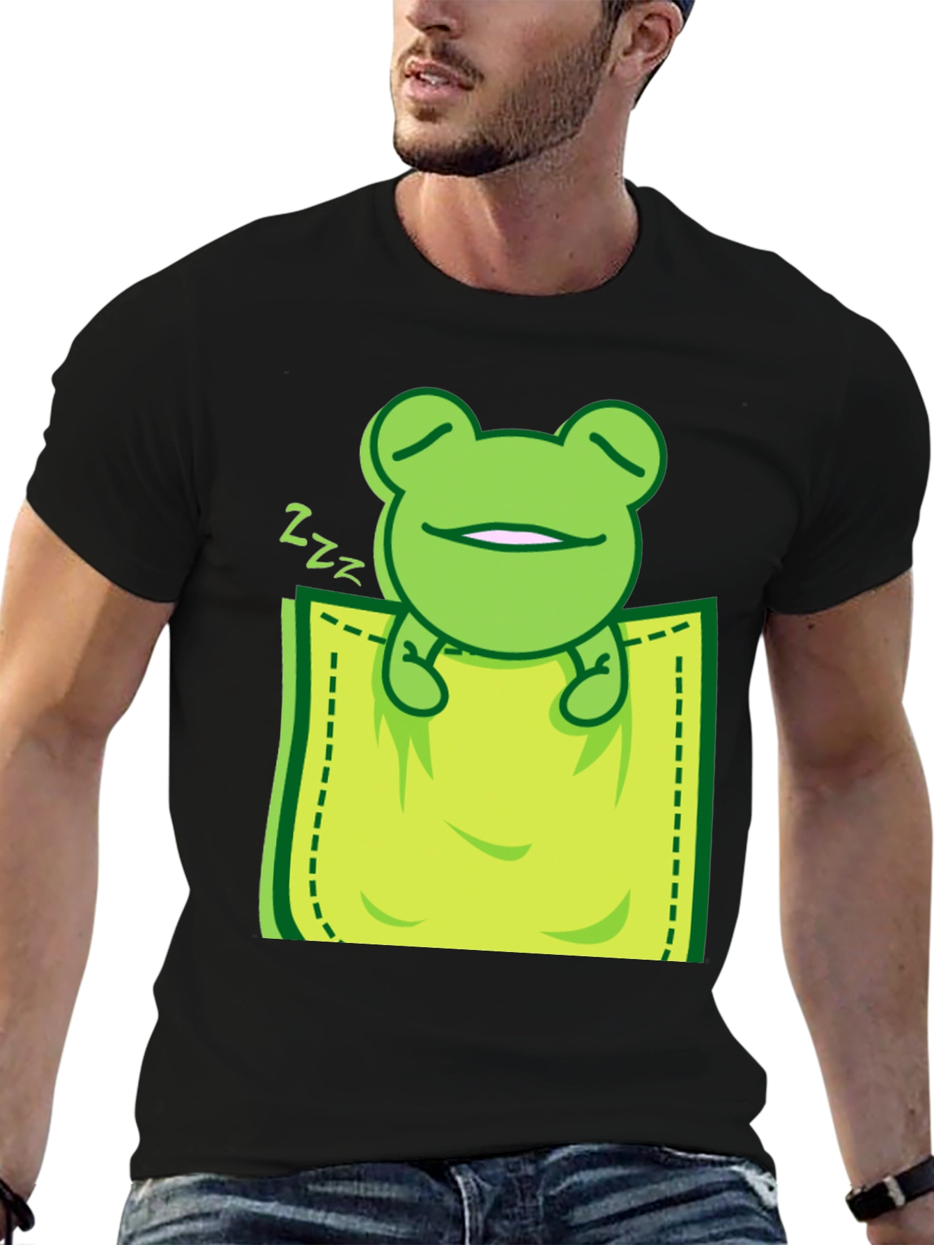 Black Sleeping Frog Pocket T-Shirt - Cute & Comfy view 6