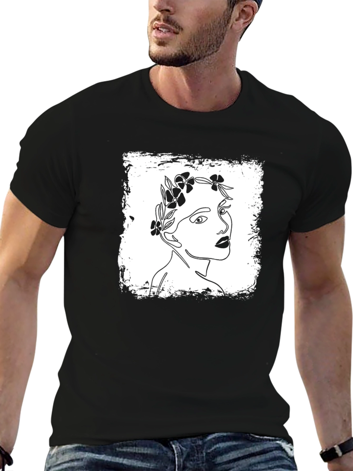 Black Floral Woman Graphic Tee - Stylish Unisex Black T-Shirt view 6
