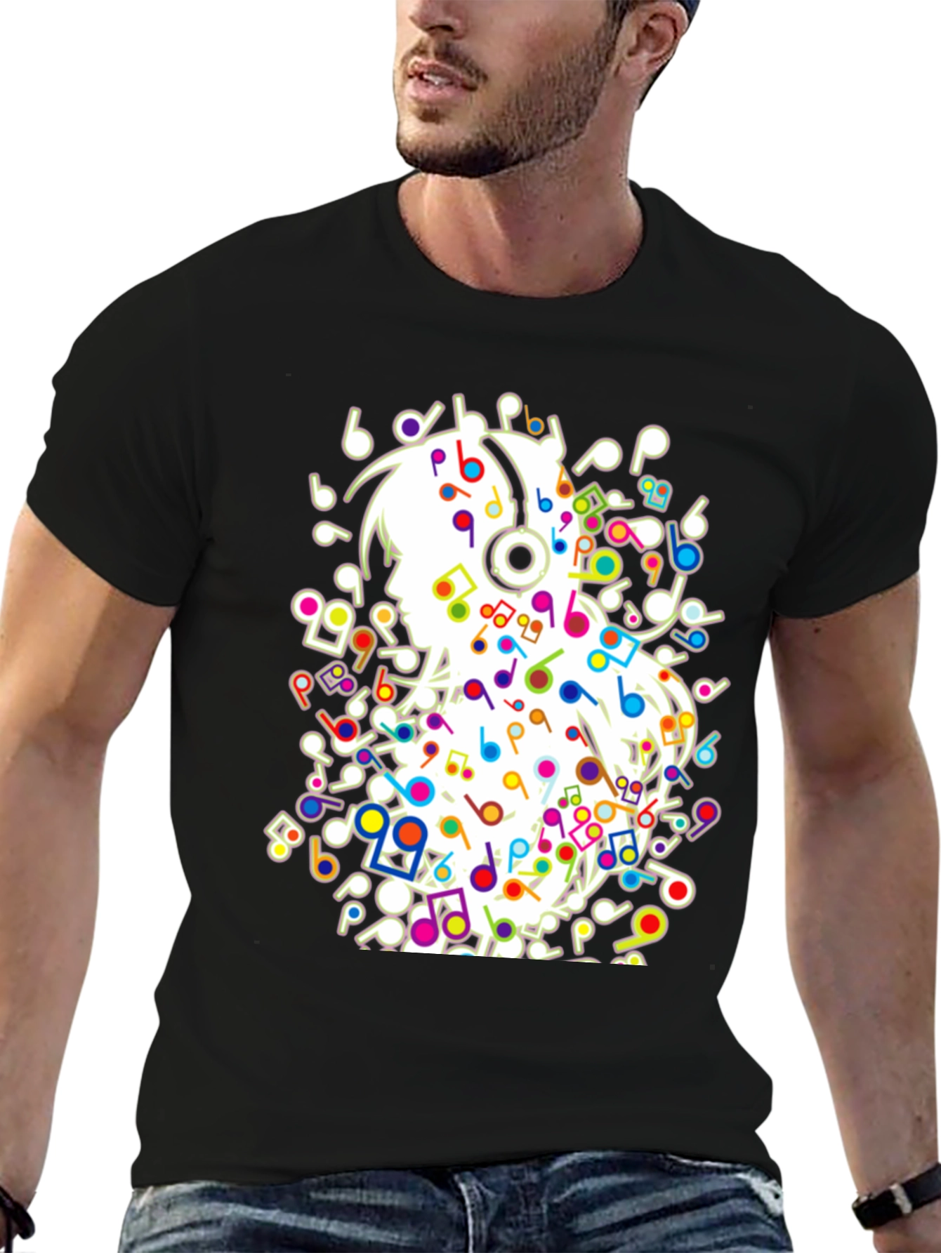 Black Musical Girl T-Shirt - Black Cotton Tee with Colorful Notes view 6
