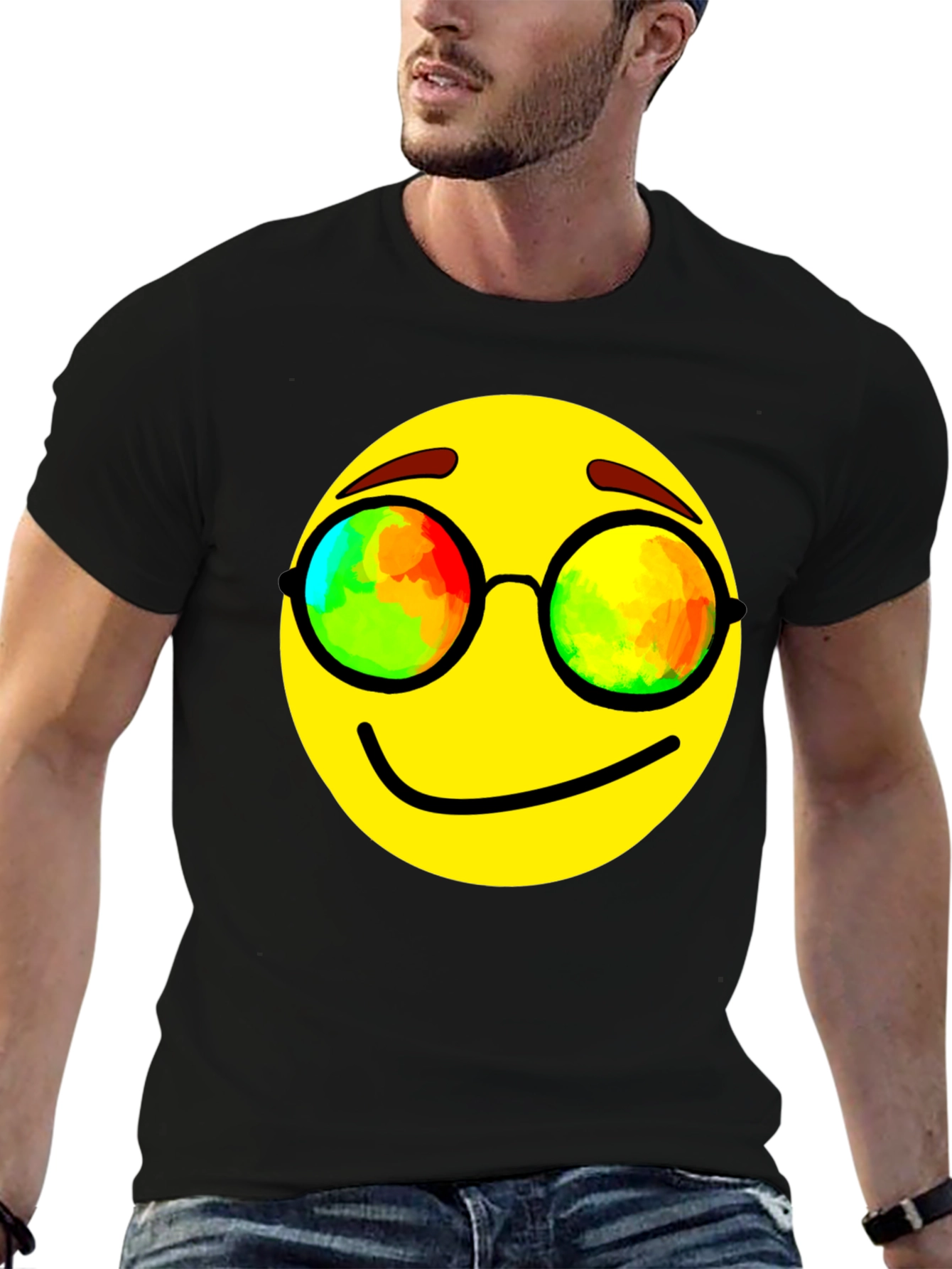 Black Cool Smiley Face Graphic Tee - Black Cotton Blend T-Shirt view 6