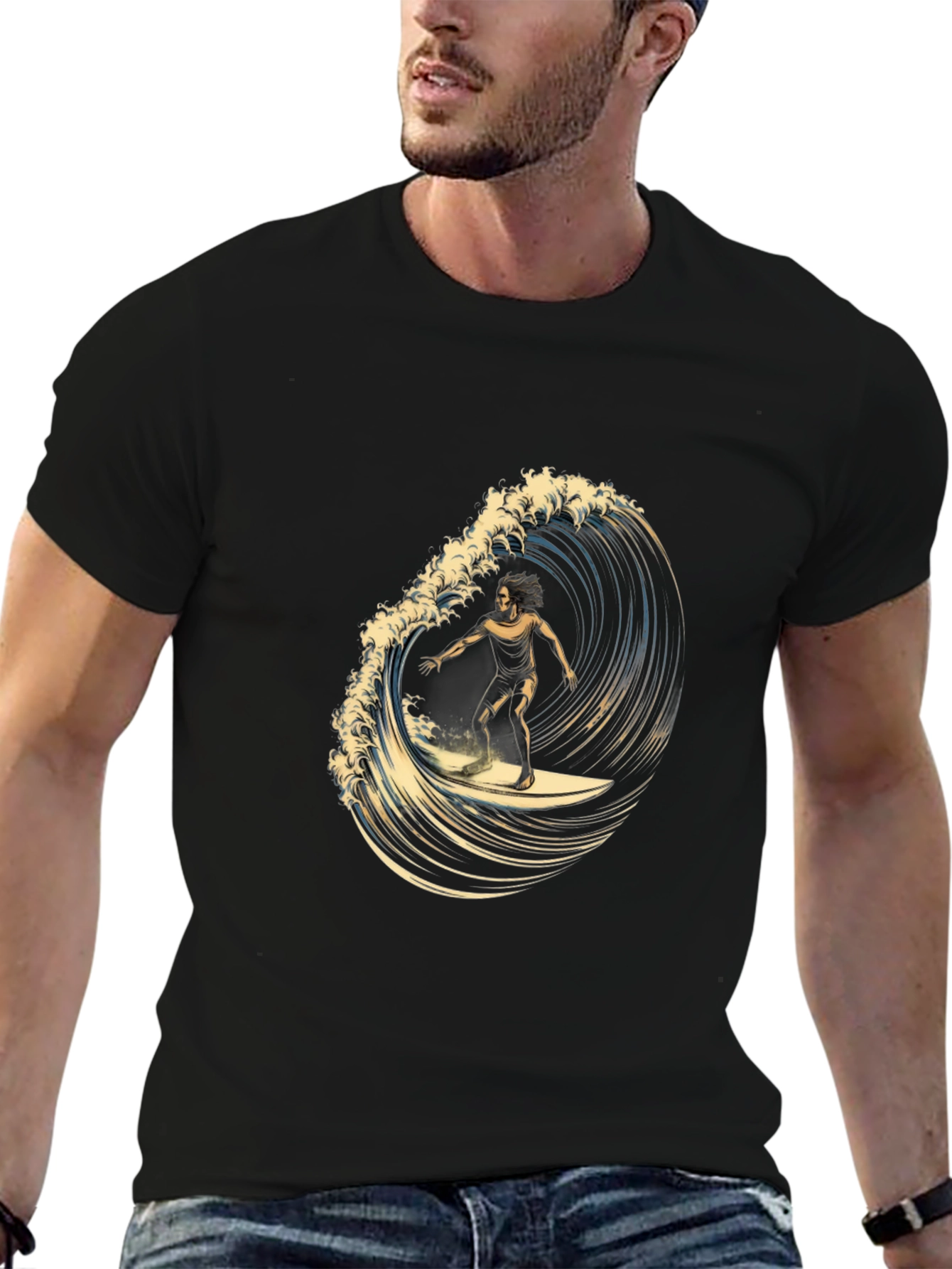 Black Surfer Wave Graphic Tee - Black Cotton Casual view 6