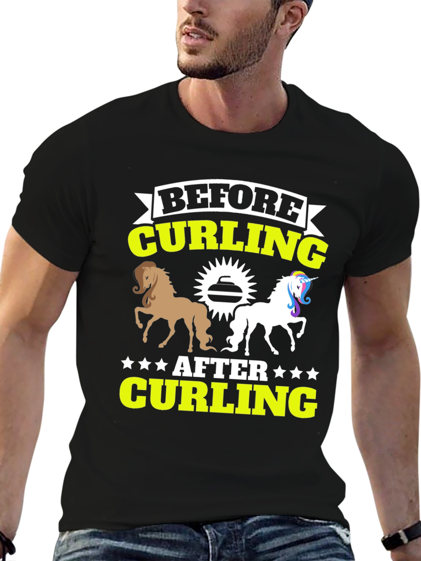 Black Before & After Curling T-Shirt - Horse Unicorn Tee view 6