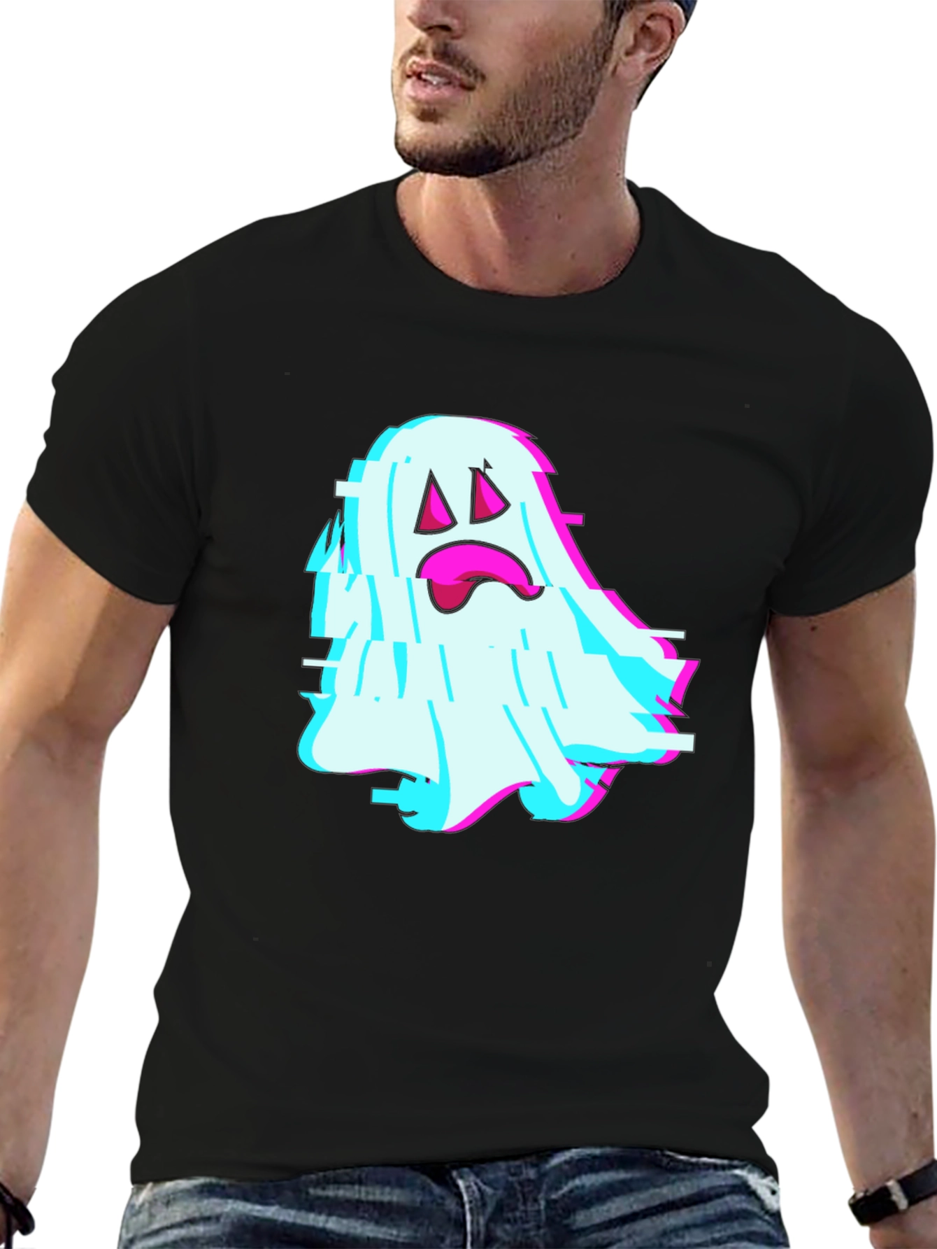 Black Glitch Ghost Graphic Tee - Soft Black Cotton Blend view 6