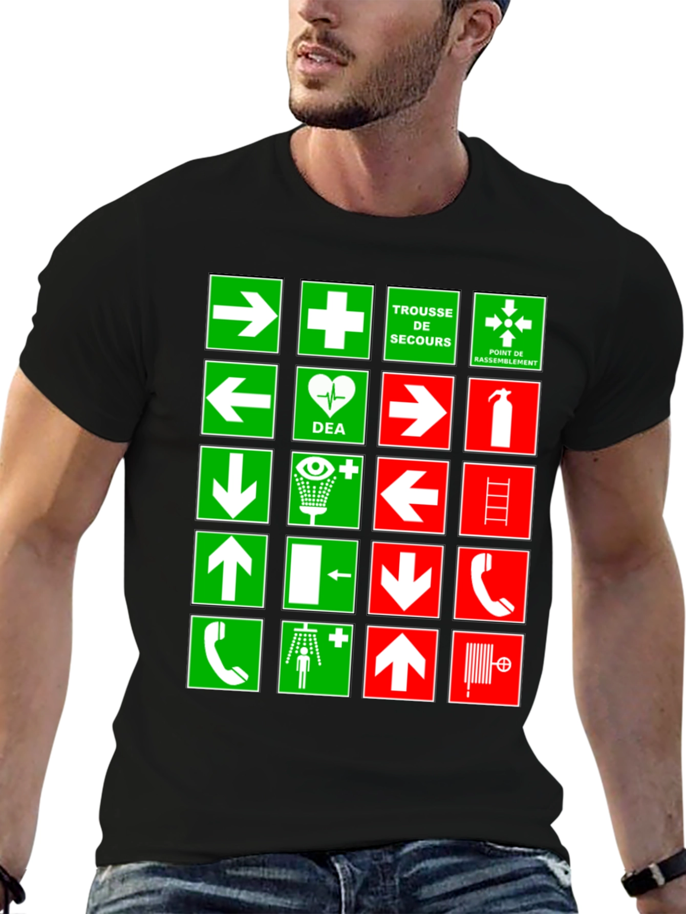 Black Safety Signs T-Shirt - Green & Red Graphic Tee view 6
