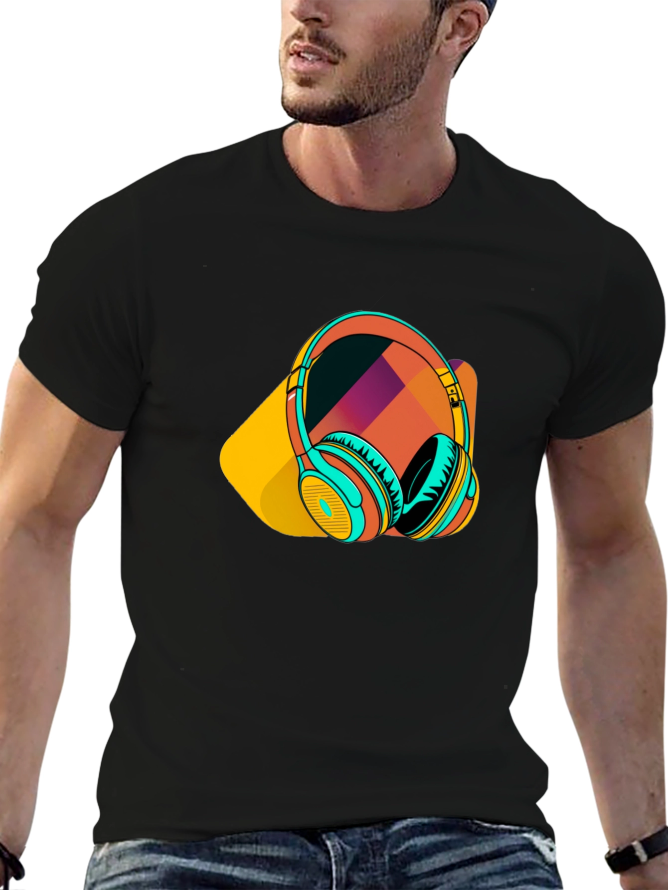 Black Stylish Black T-Shirt with Headphone Graphic view 6