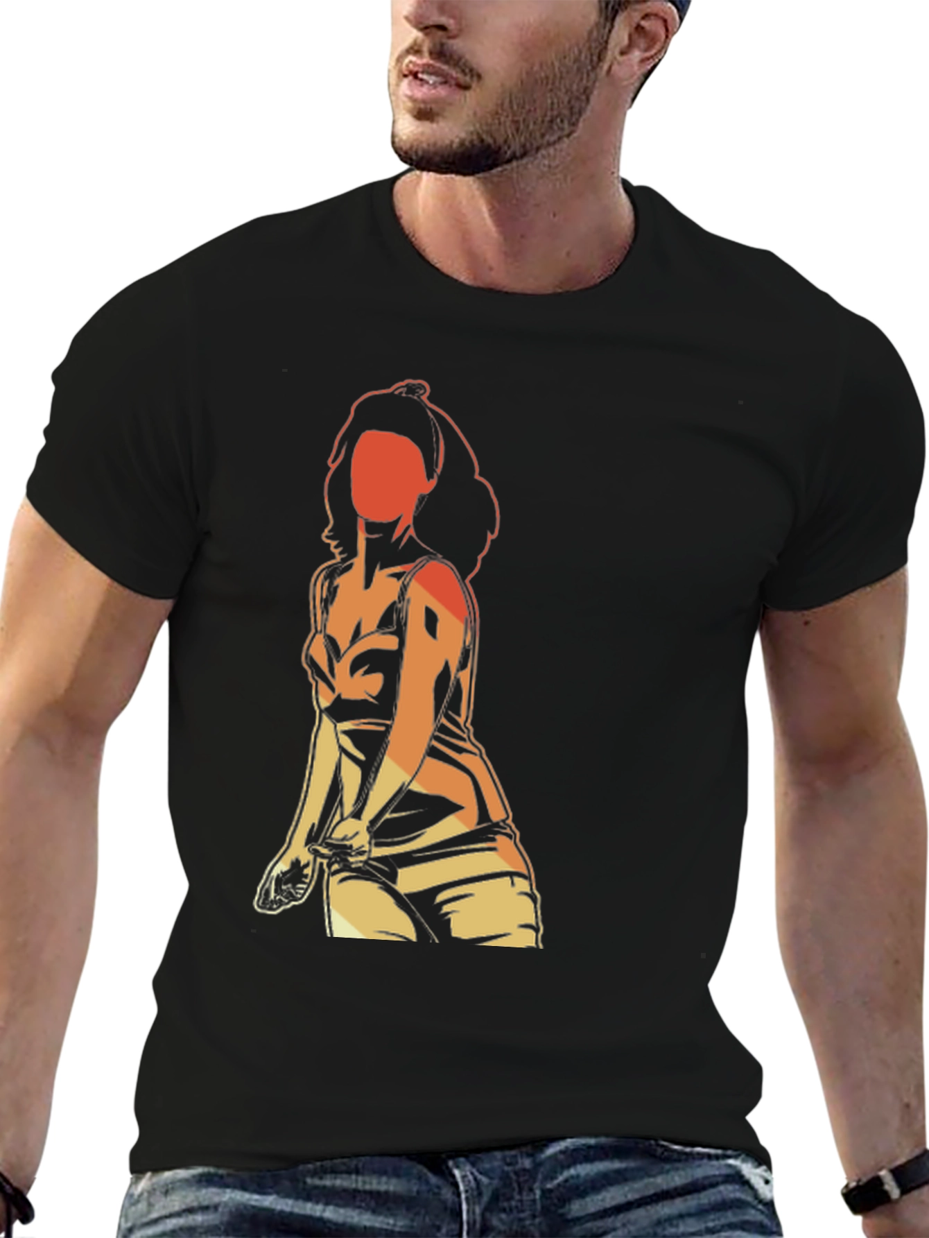 Black Retro Graphic T-Shirt - Woman Silhouette view 6