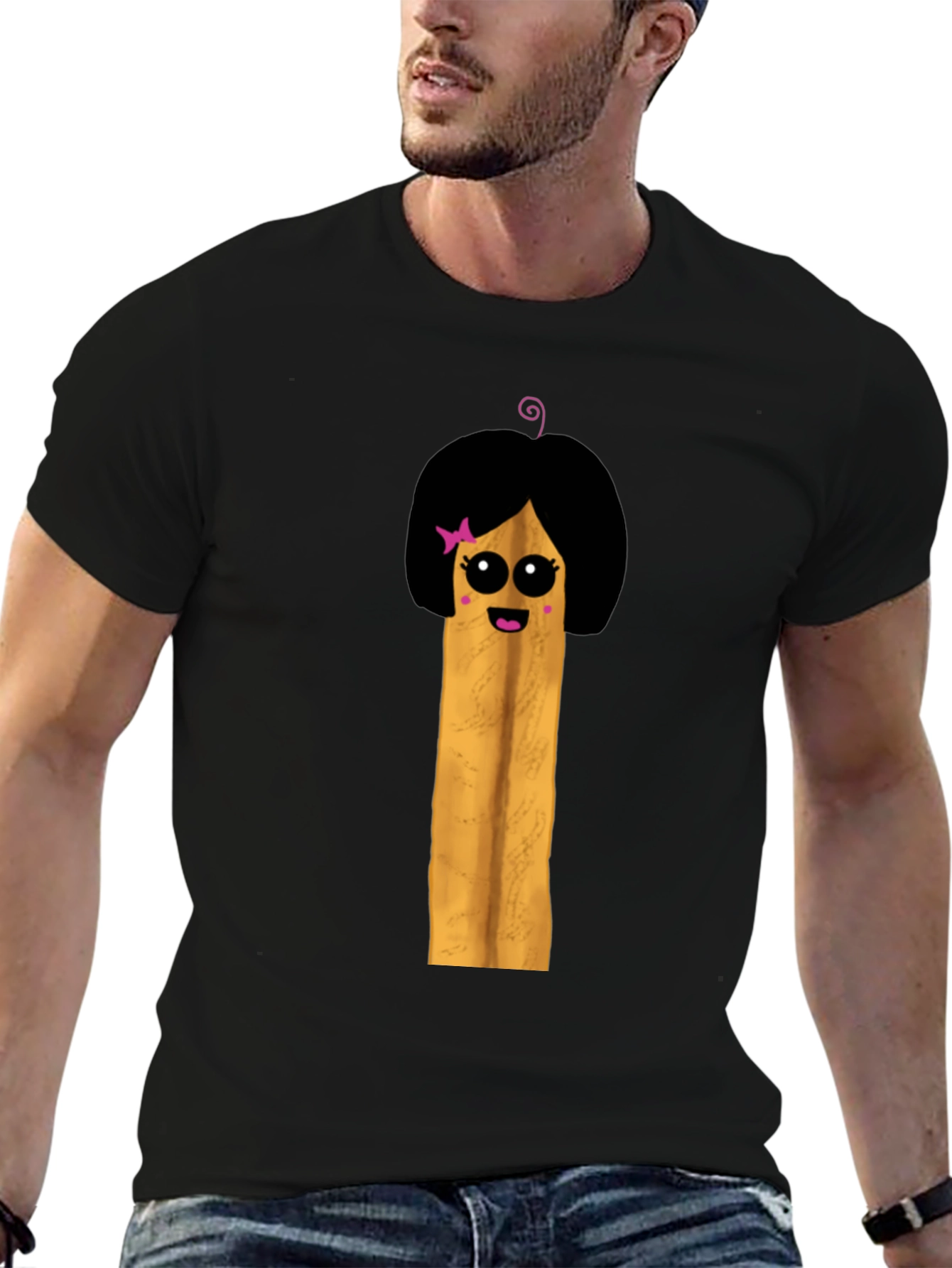Black Fun Cartoon French Fry Girl Black T-Shirt view 6