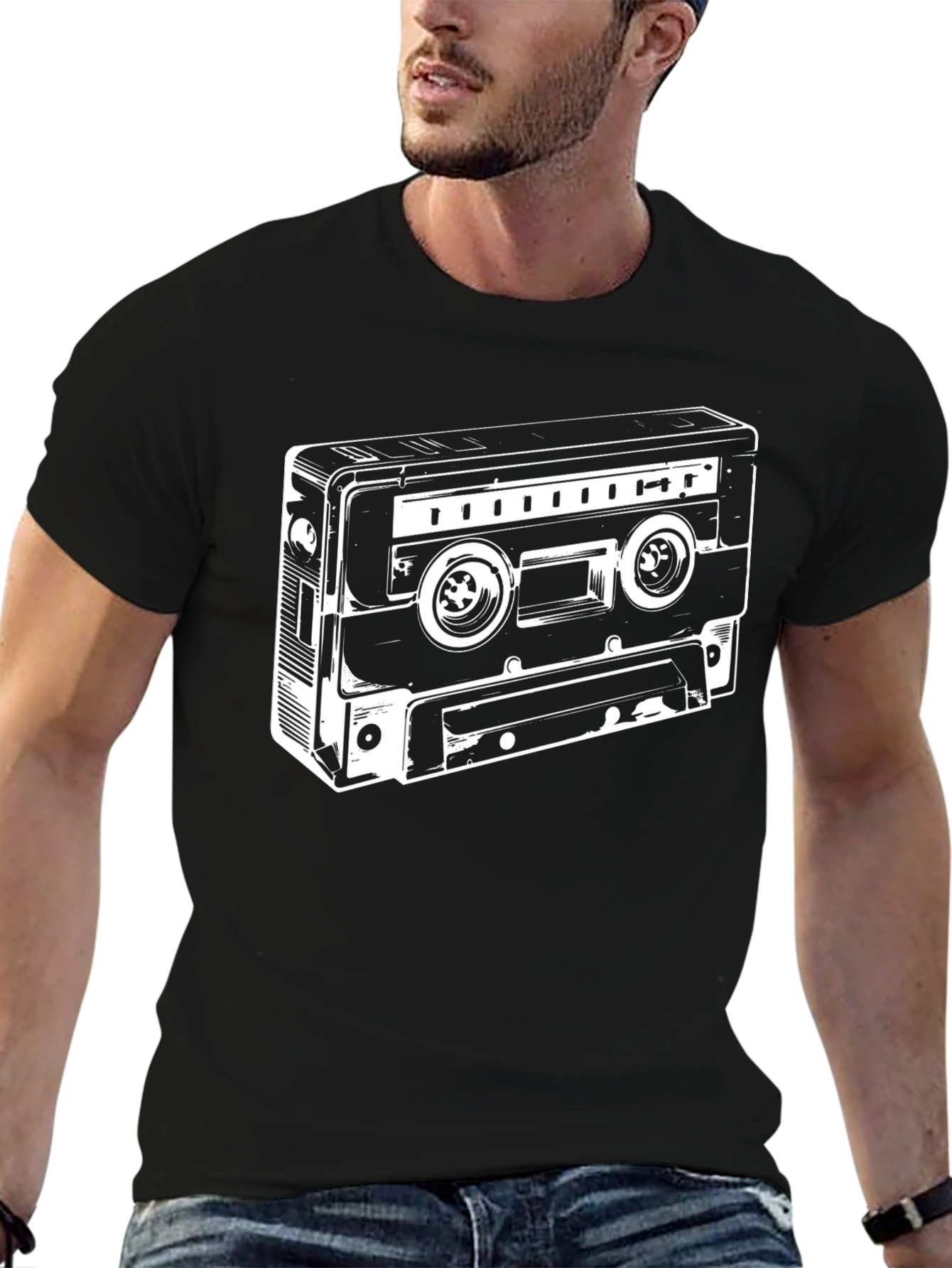 Black Retro Cassette Tape Graphic Tee - Black Cotton Blend view 6