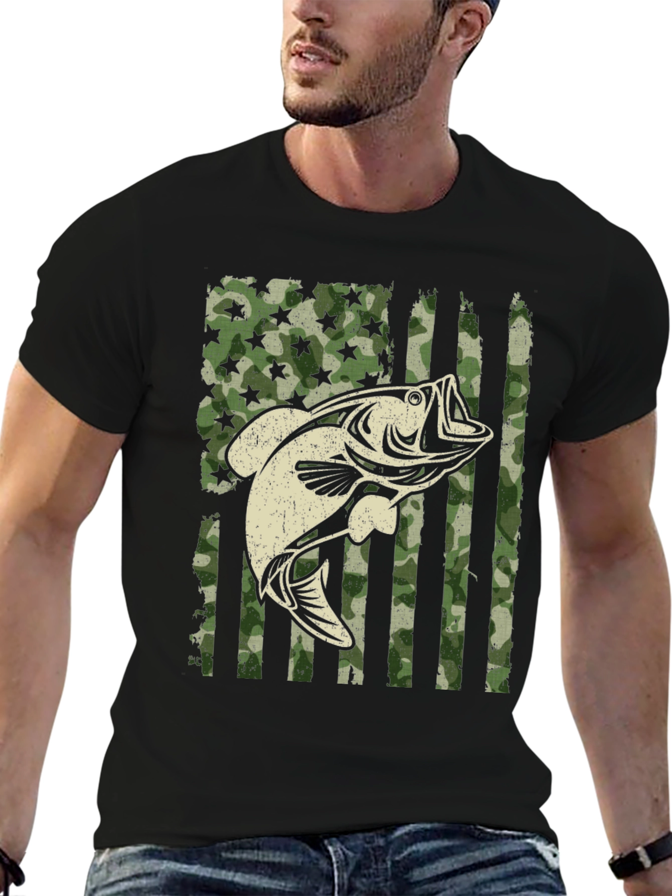 American Flag Camo Bass Fishing Graphic Tee - 6