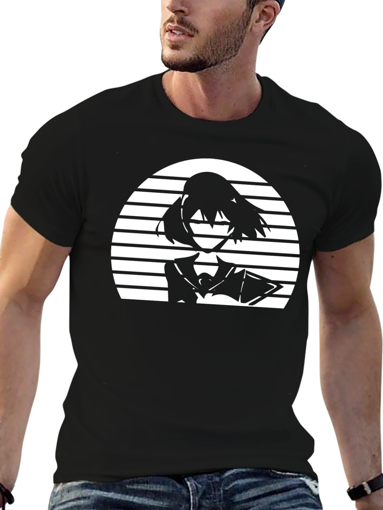 Black Anime Girl Retro Sunset Graphic T-Shirt view 6