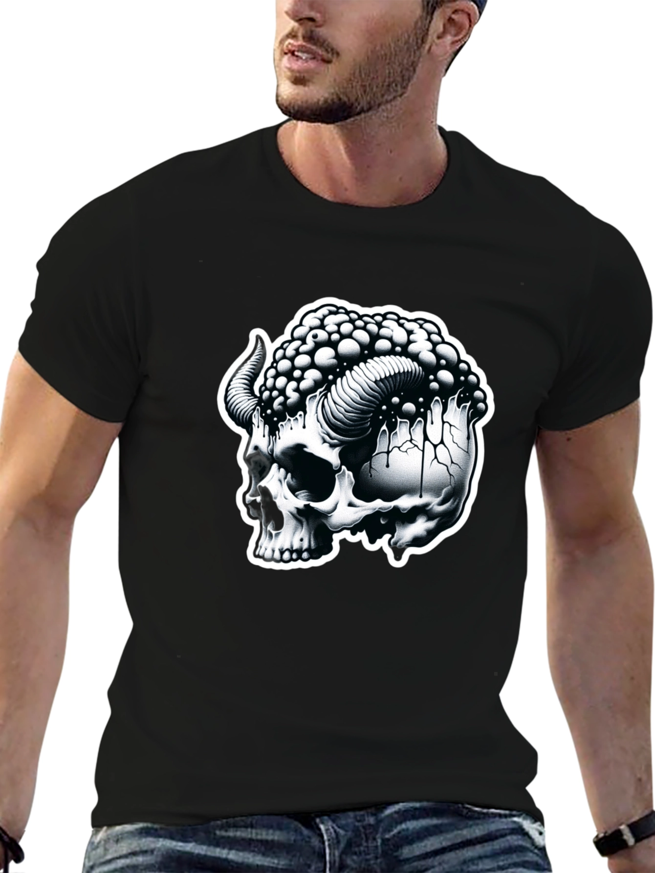 Black Skull & Horns Graphic Tee - Mens Black Cotton T-Shirt view 6