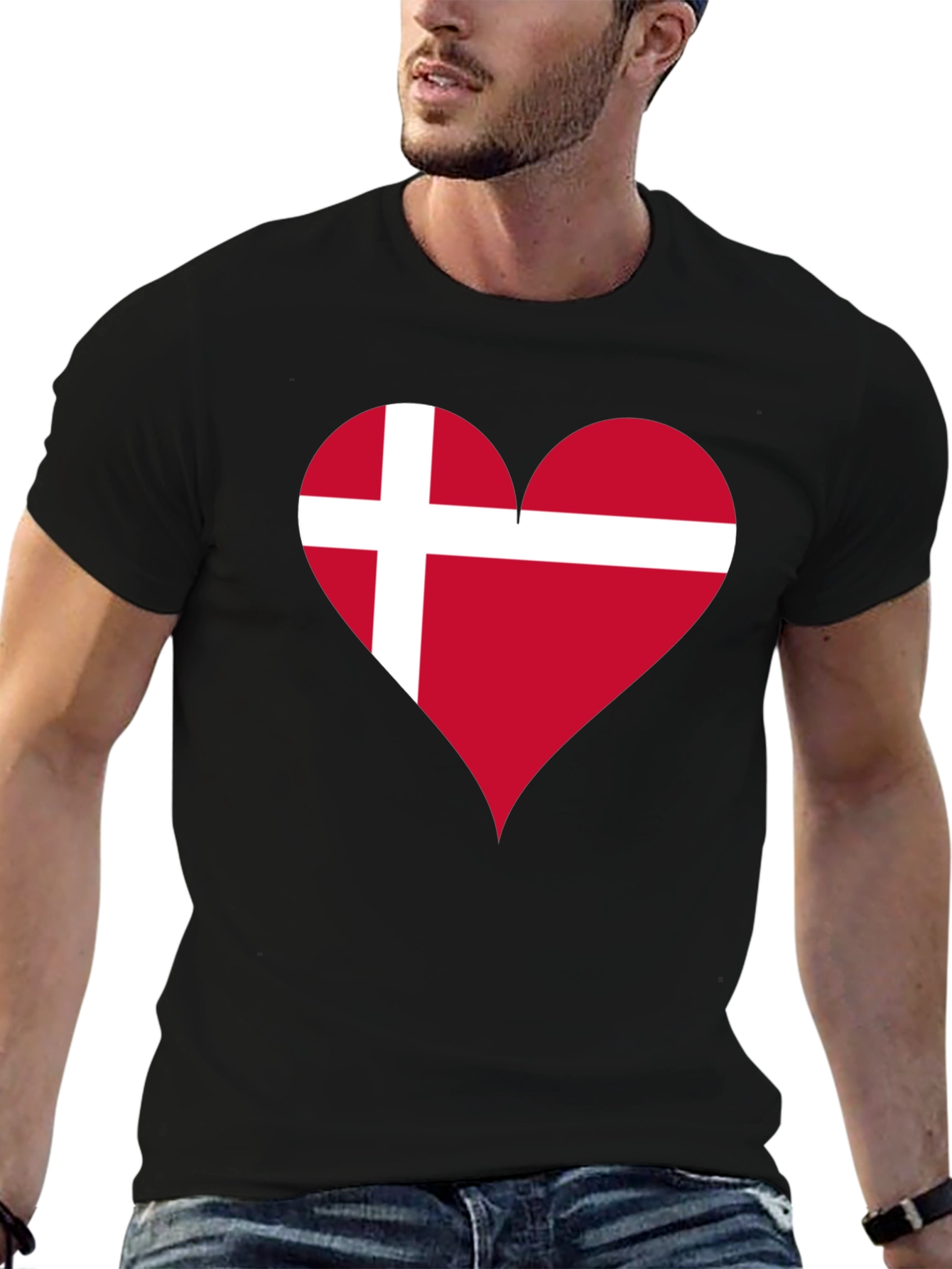 Black Denmark Flag Heart T-Shirt - Show Your Love! view 6