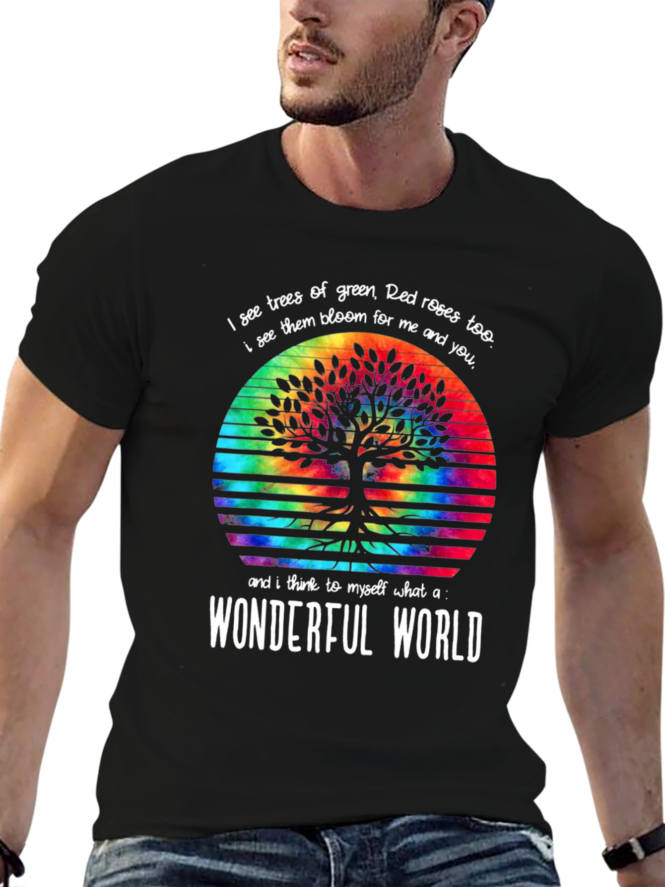 Black Wonderful World Tree Tie-Dye Graphic Tee view 6