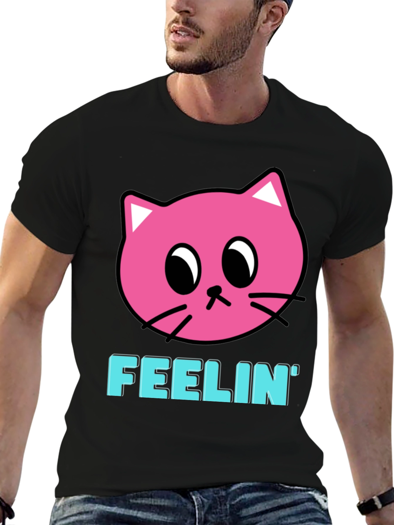 Black Feelin' Pink Cat Graphic Black T-Shirt view 6