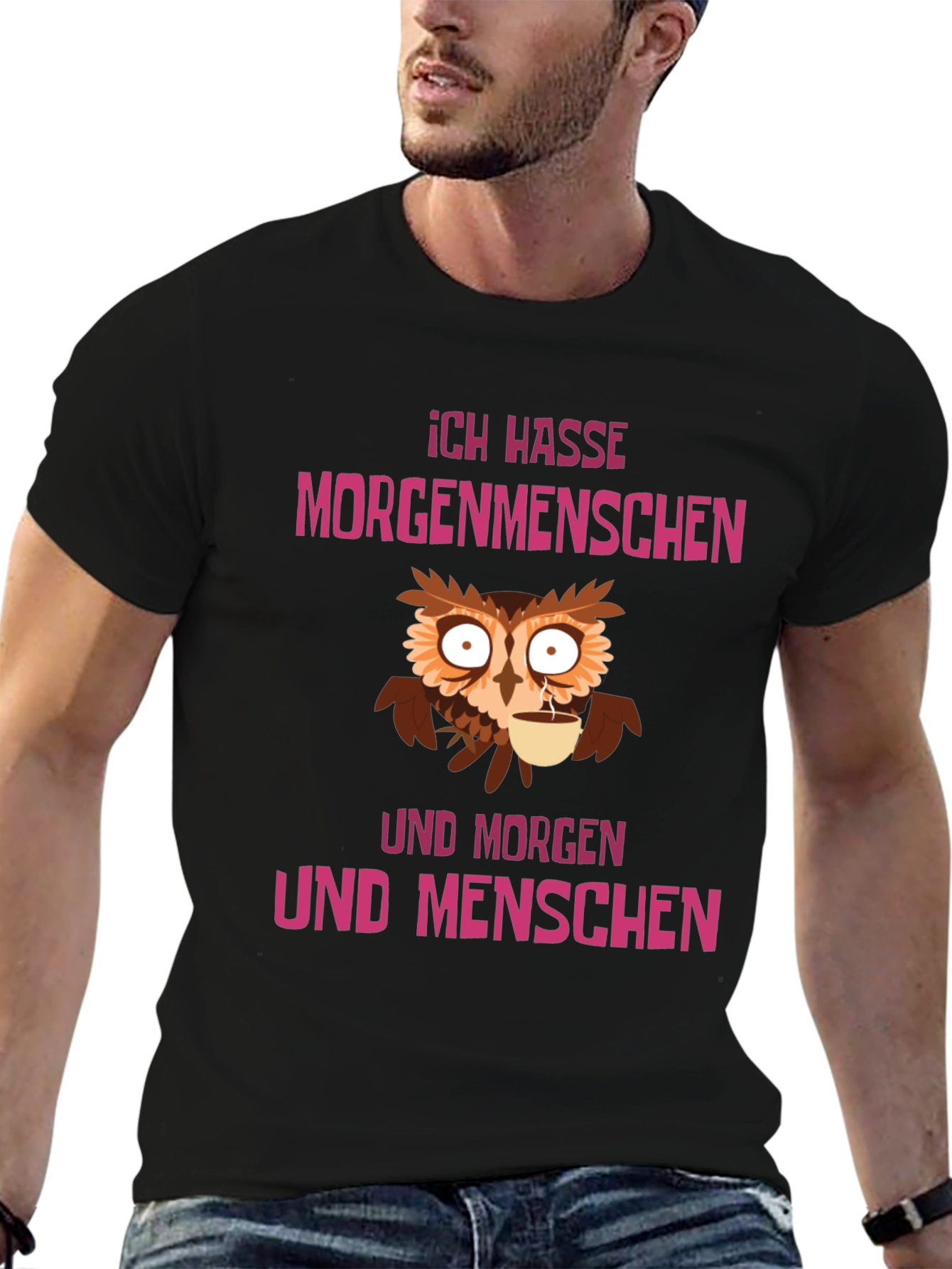 Black Ich Hasse Morgenmenschen Owl Graphic Tee view 6