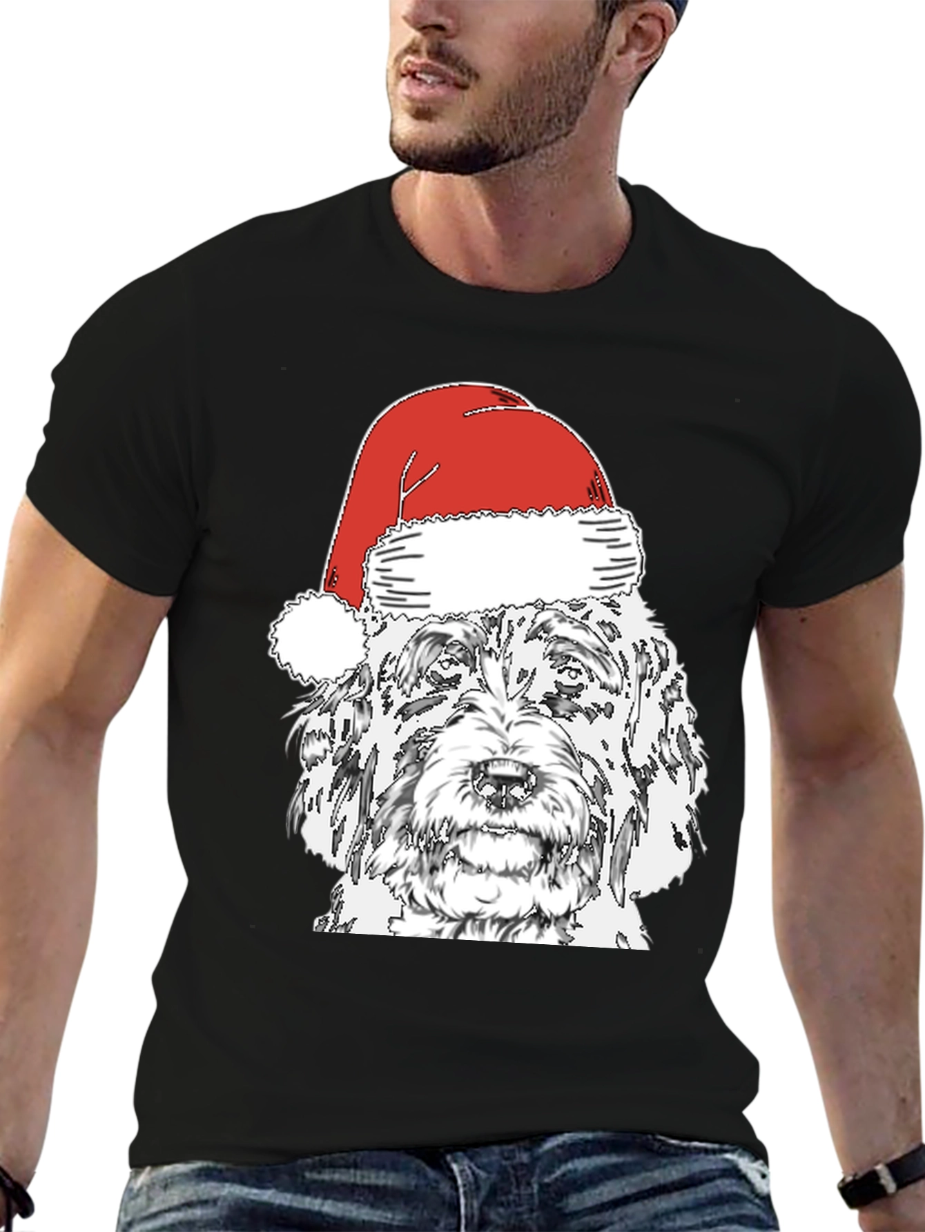 Black Dog With Santa Hat T-Shirt view 6