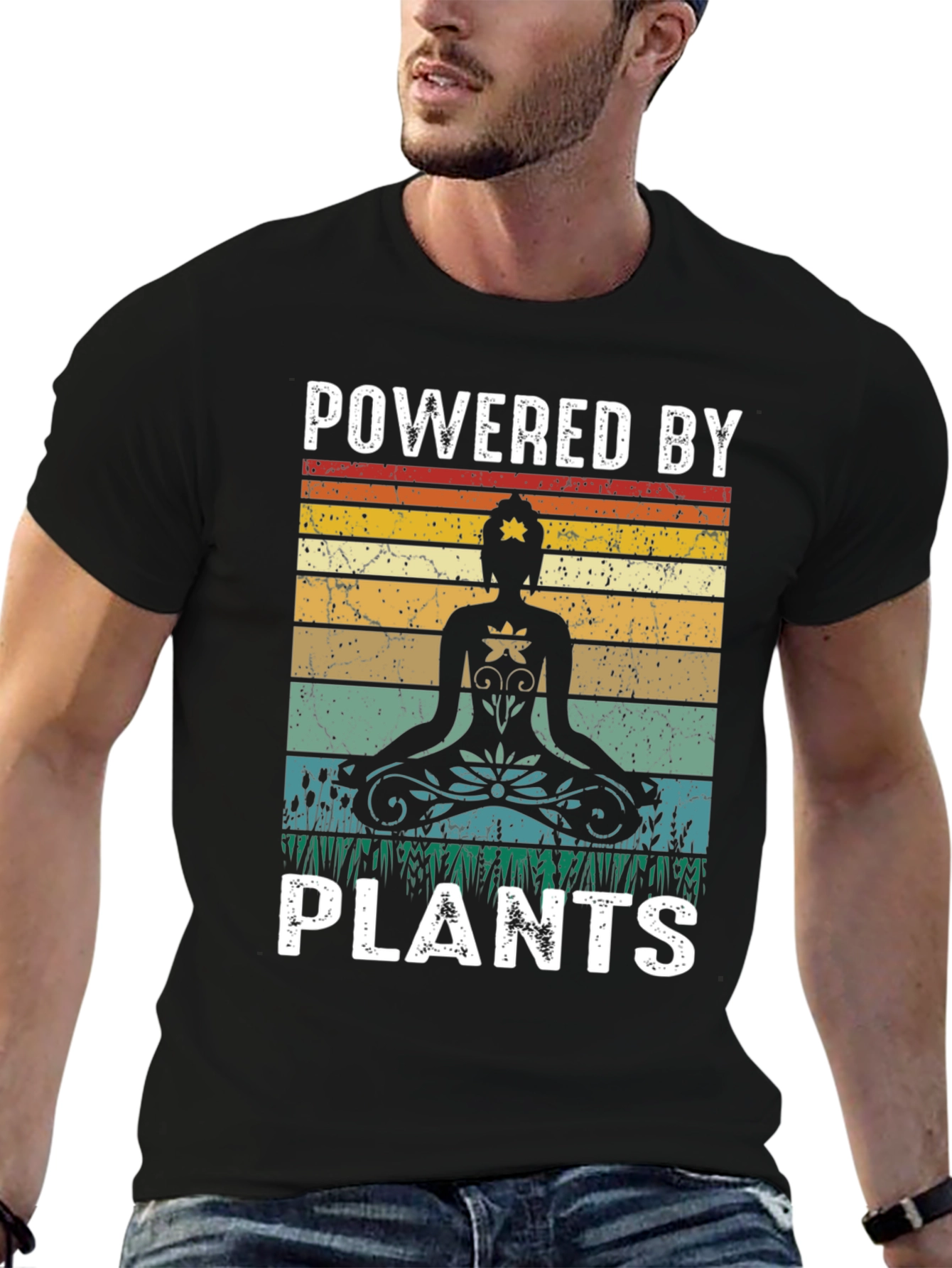 Black Powered by Plants Yoga Meditation Black T-Shirt view 6