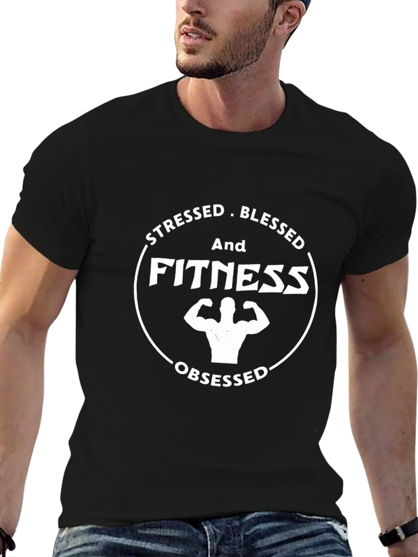 Black Stressed Blessed Fitness Obsessed Black T-Shirt view 6