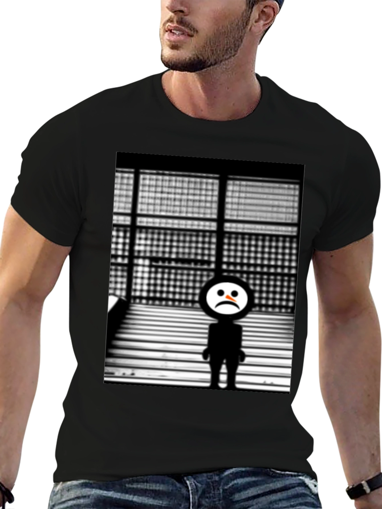 Black Sad Robot Graphic Black T-Shirt view 6