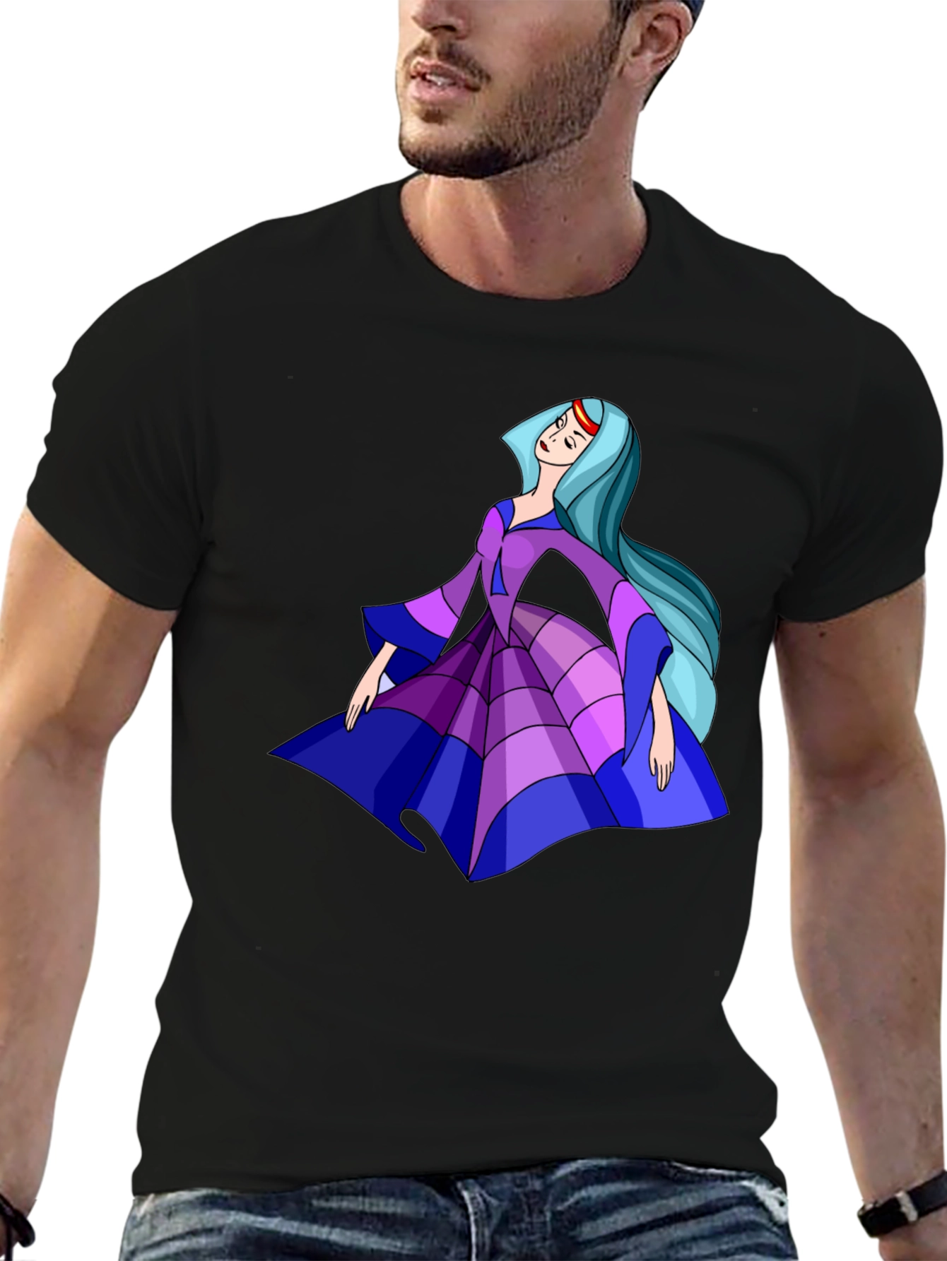 Cartoon Princess Graphic Tee - Black Cotton Casual Shirt - 6