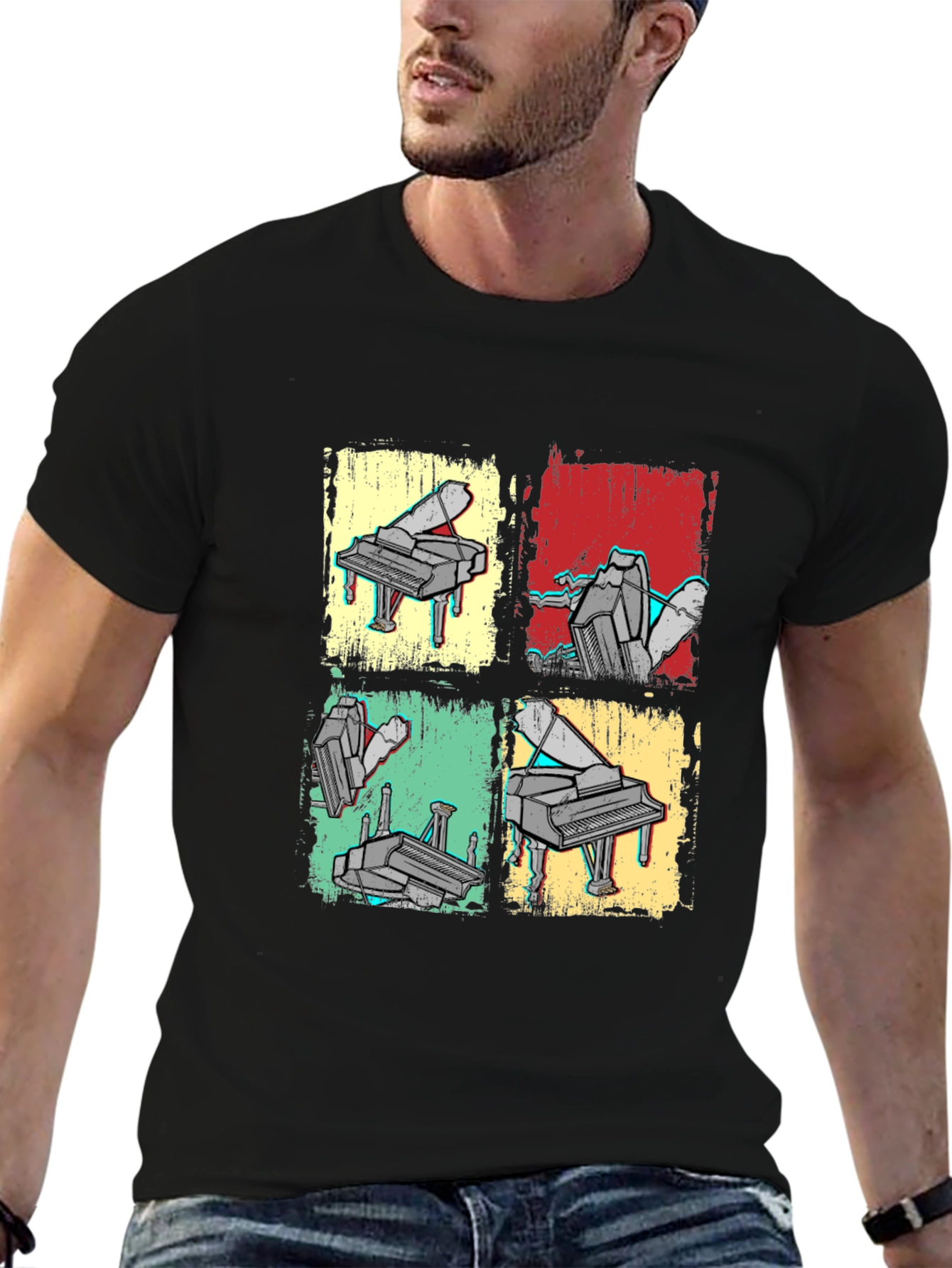 Black Retro Piano Art T-Shirt - Musical Graphic Tee view 6
