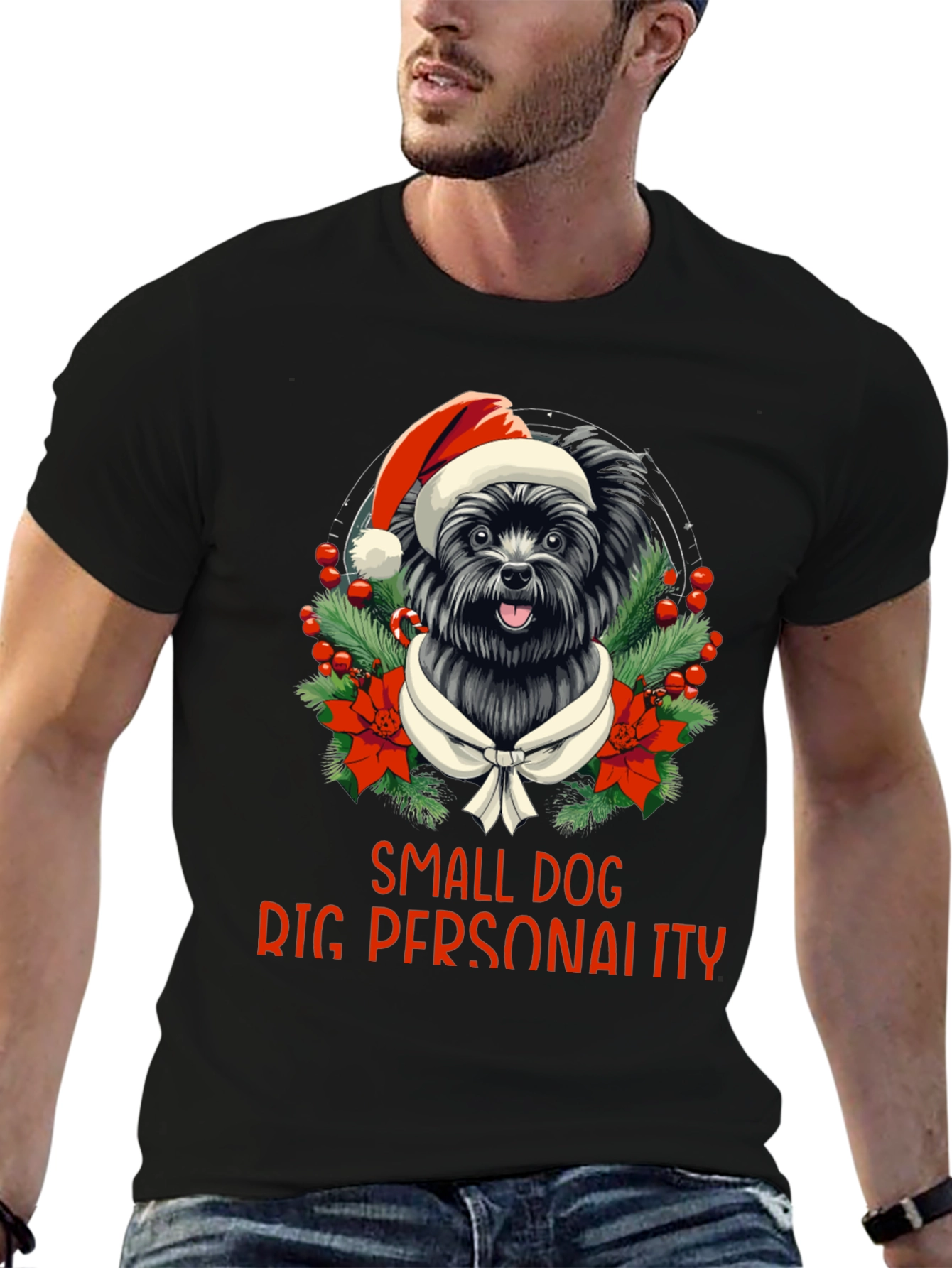 Black Small Dog Big Personality Christmas T-Shirt view 6