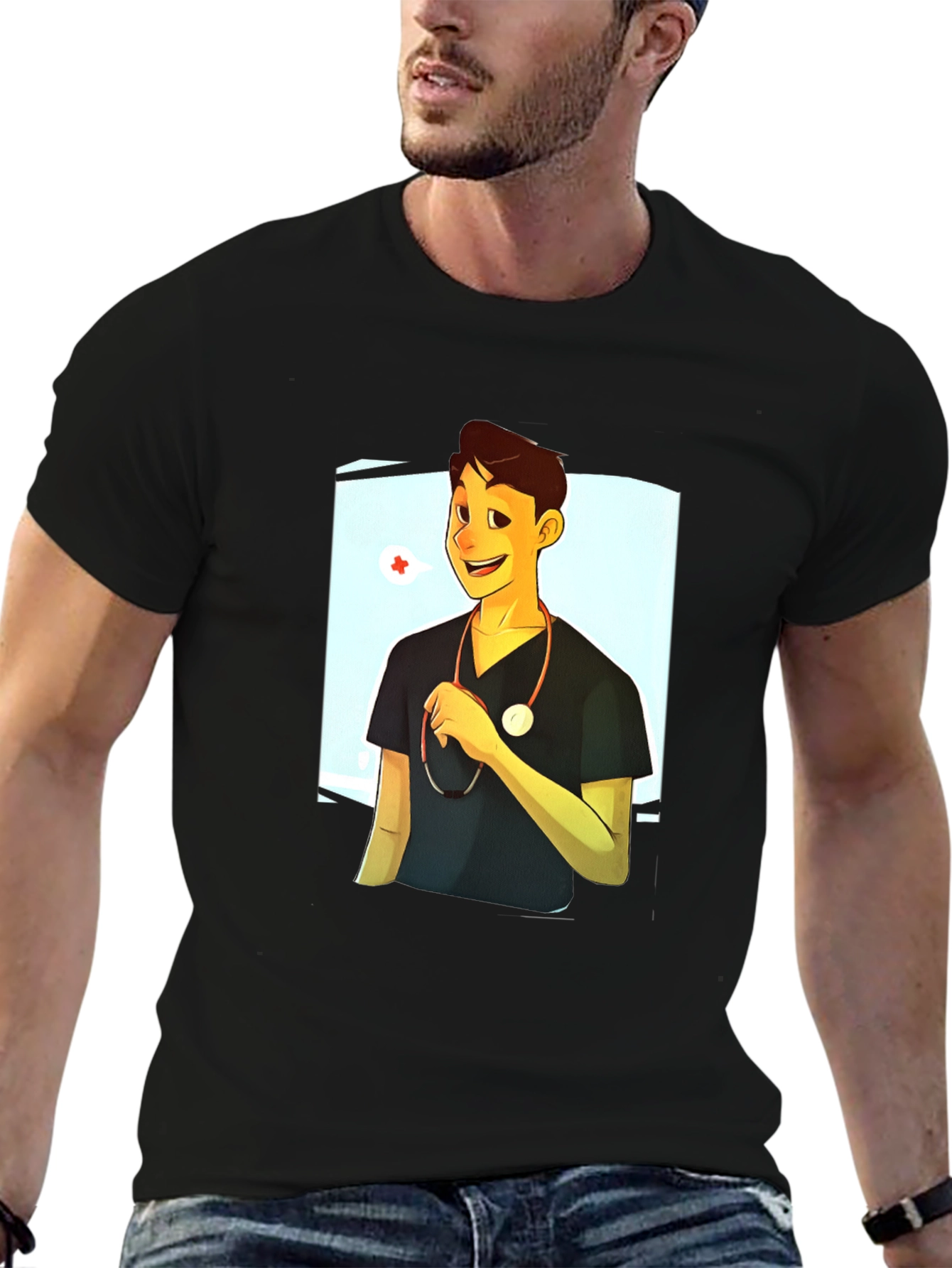 Black Cartoon Doctor Graphic Black T-Shirt view 6