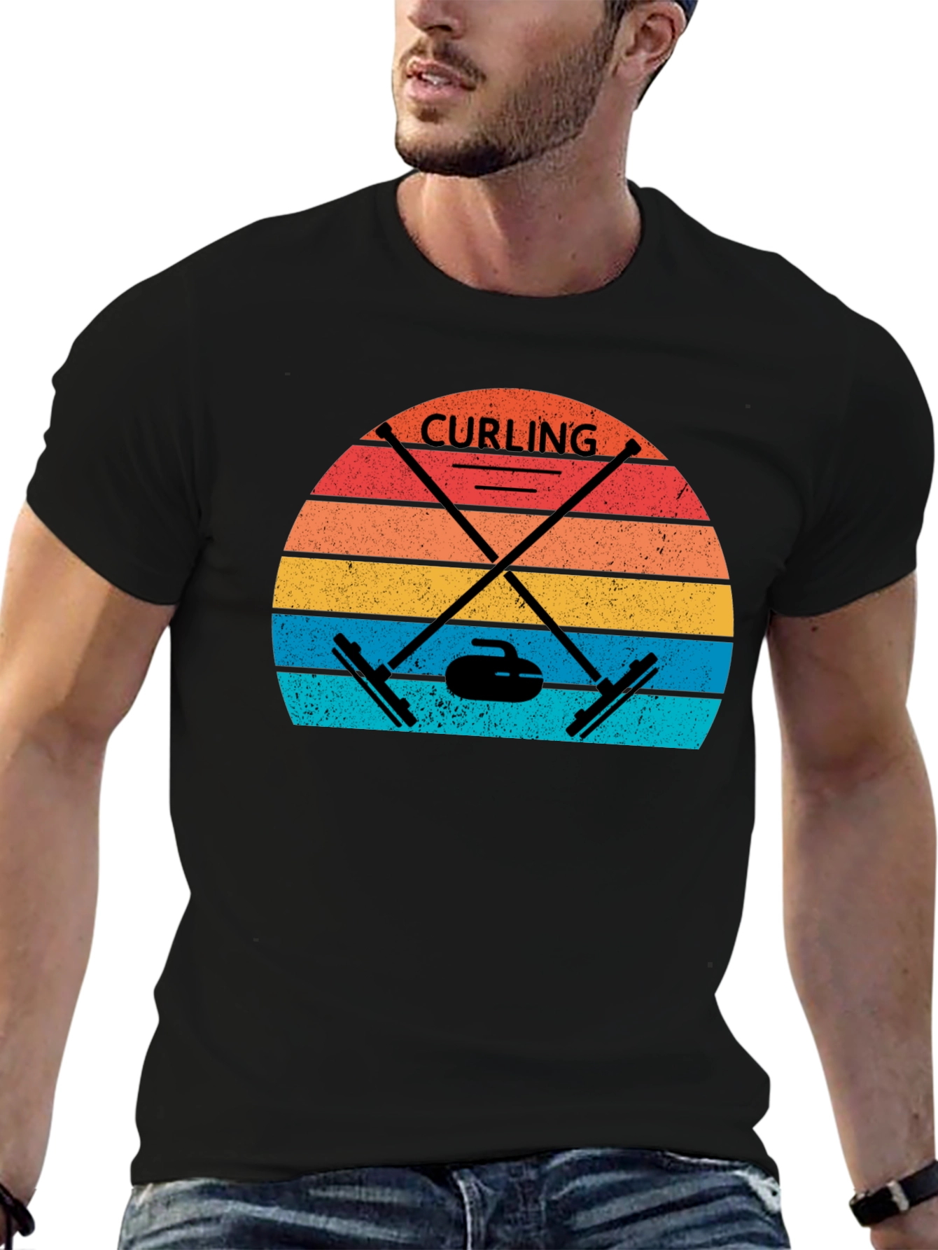 Black Retro Curling T-Shirt - Vintage Sunset Design view 6