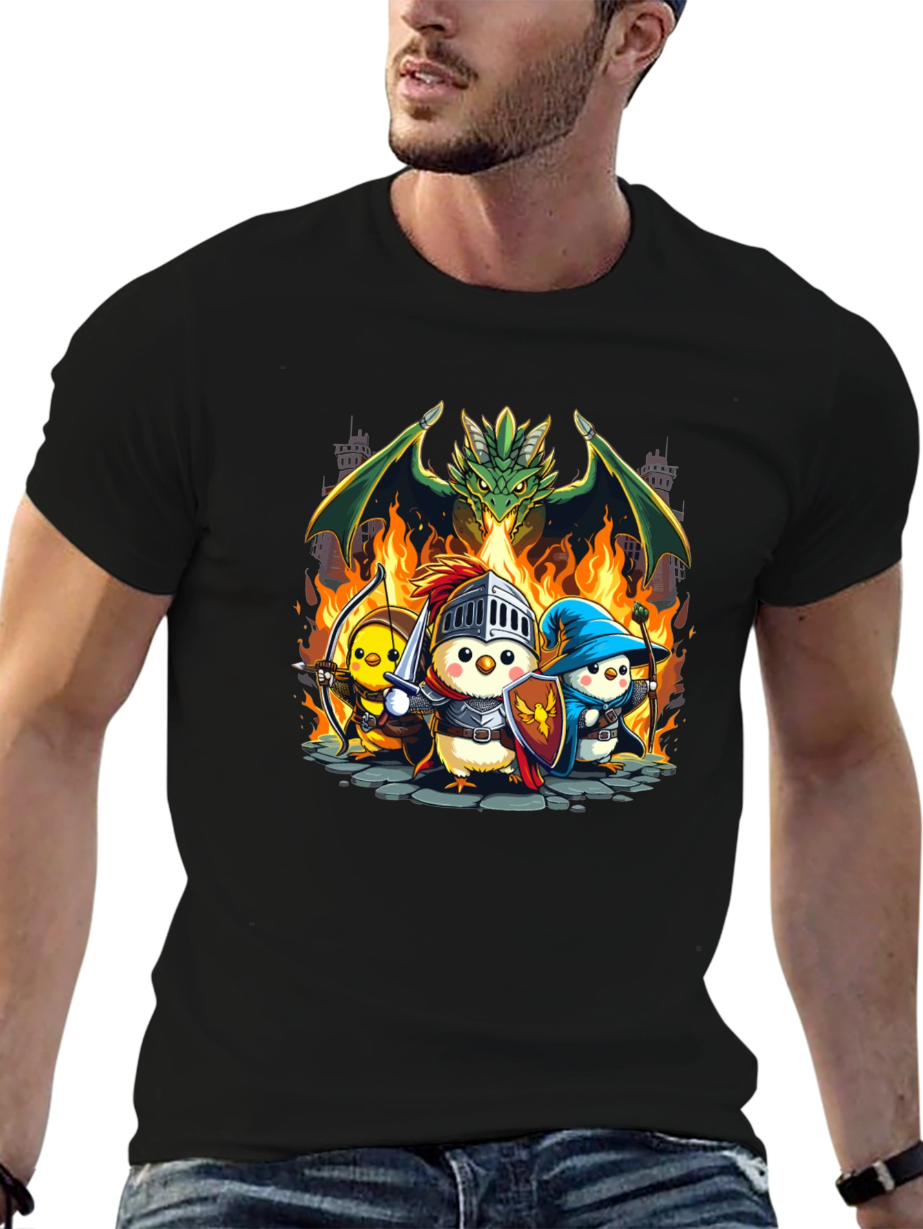 Black Fantasy Chickens Dragon T-Shirt view 6