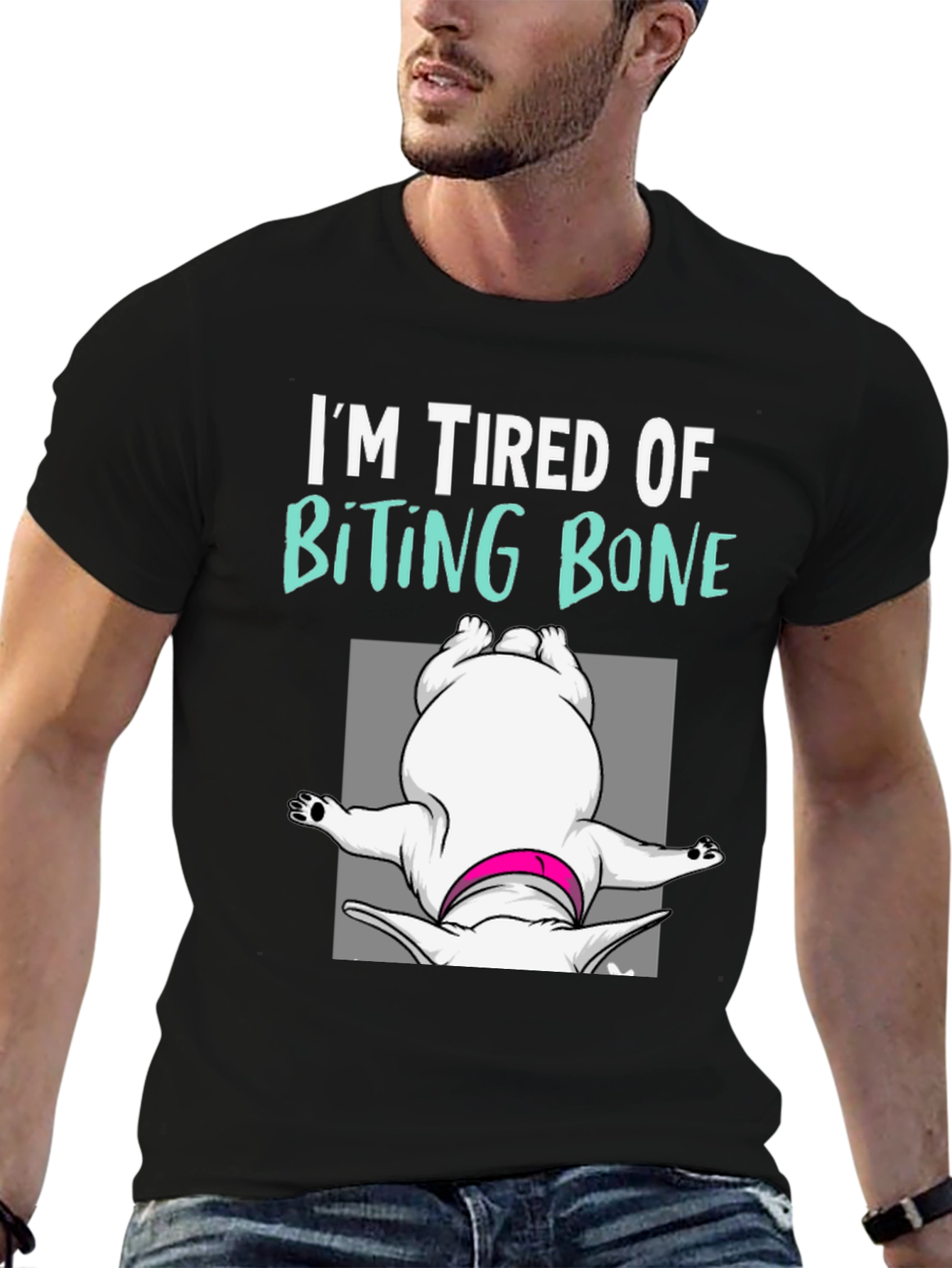 Black Tired of Biting Bone T-Shirt Funny Dog Graphic Tee view 6
