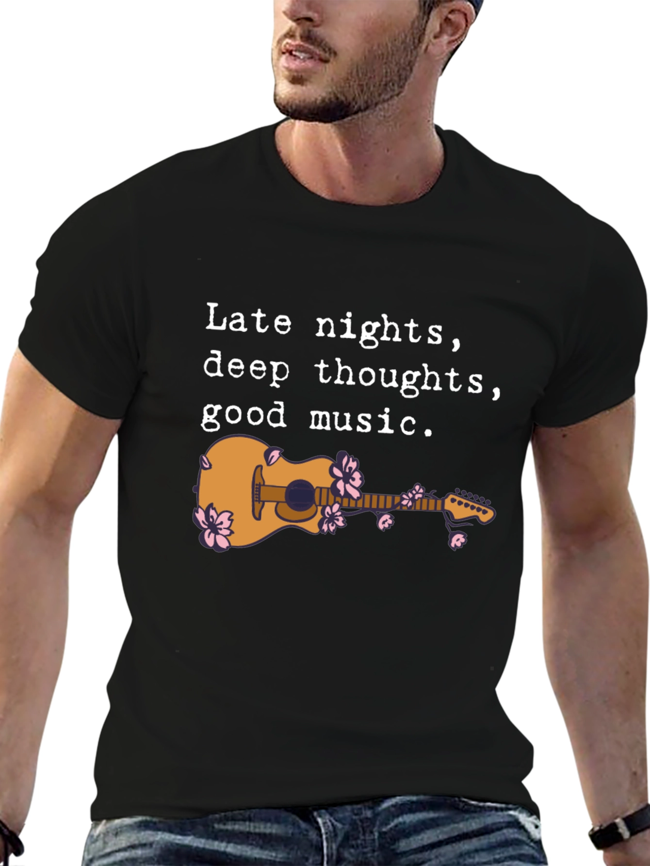 Black Late Night Guitar Graphic Tee - Black view 6