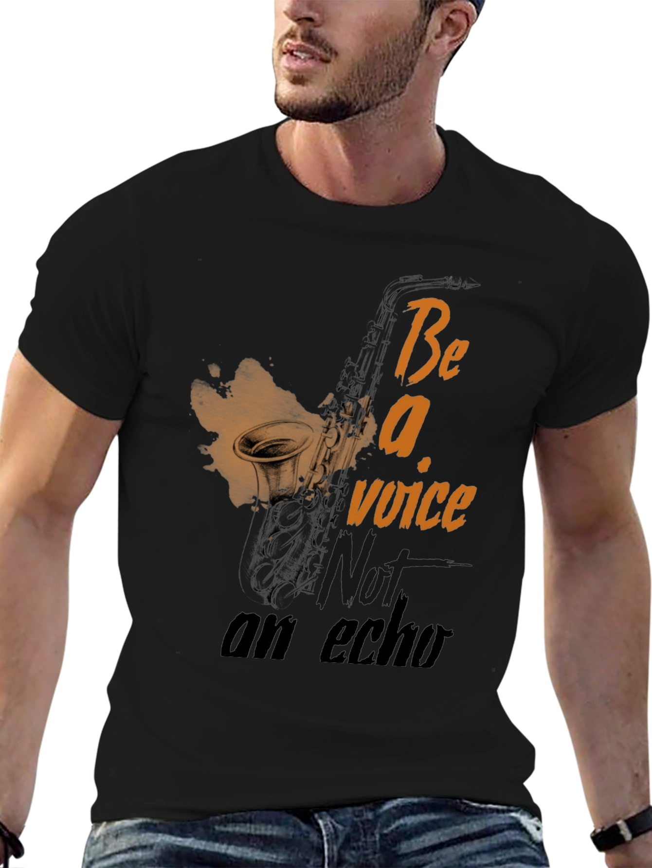 Black Saxophone 'Be a Voice' Graphic T-Shirt view 6