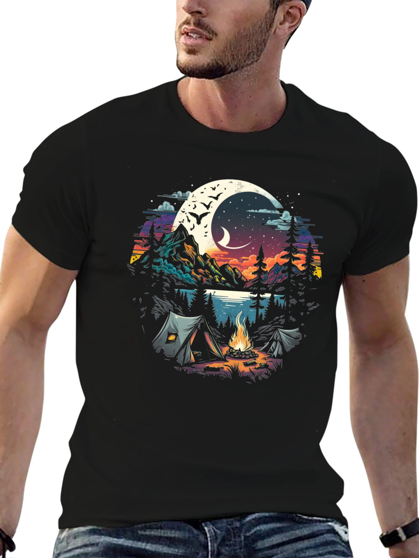 Black Camping Under the Moon Graphic Tee view 6