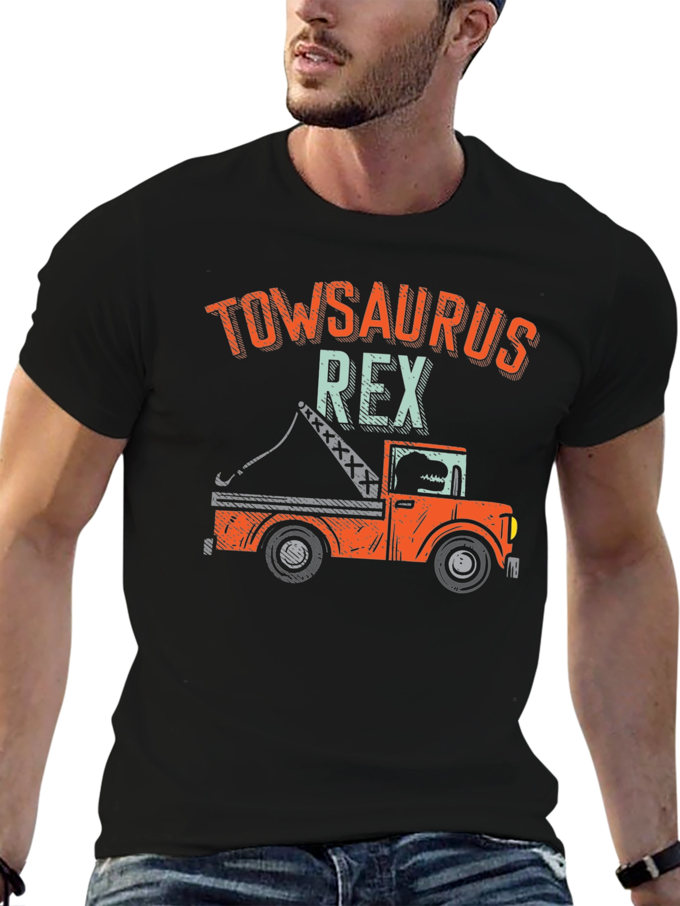 Black TowSaurus Rex T-Shirt - Funny Tow Truck Dinosaur Tee view 6