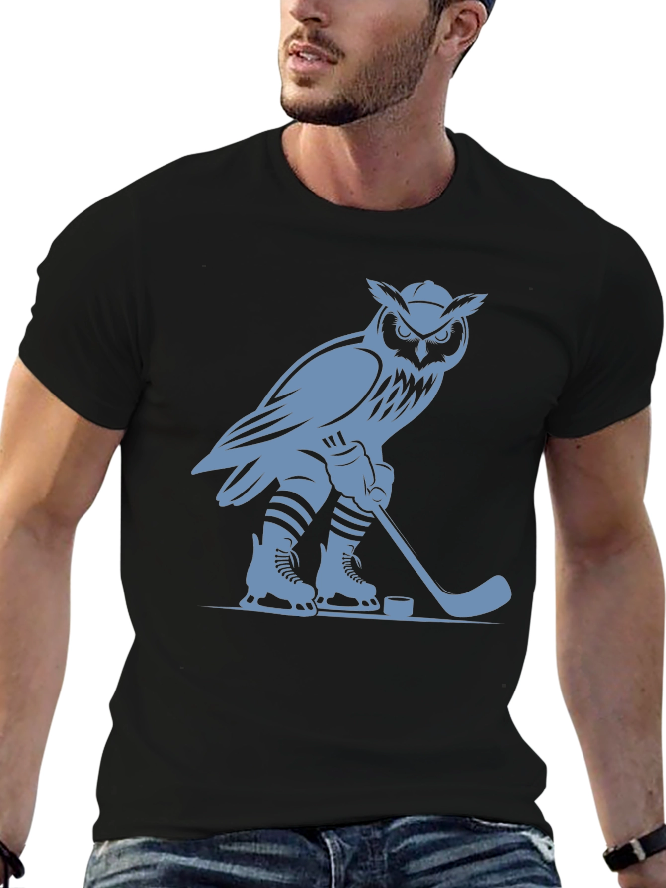 Black Owl Hockey Player Graphic T-Shirt view 6
