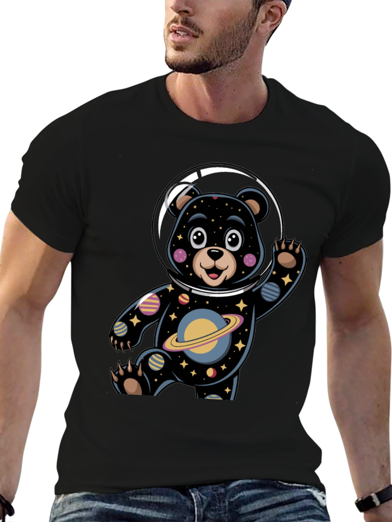 Black Cosmic Bear Astronaut Graphic Tee view 6