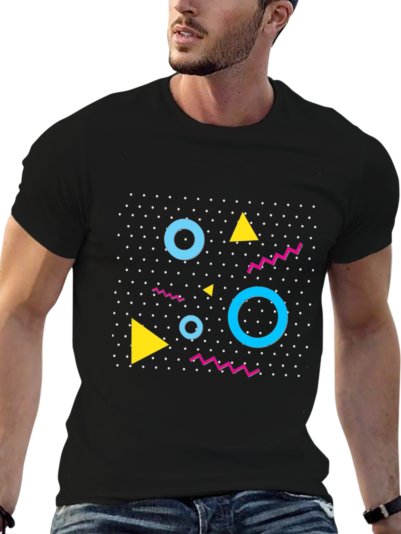 Black Retro Geometric Pattern Black T-Shirt view 6