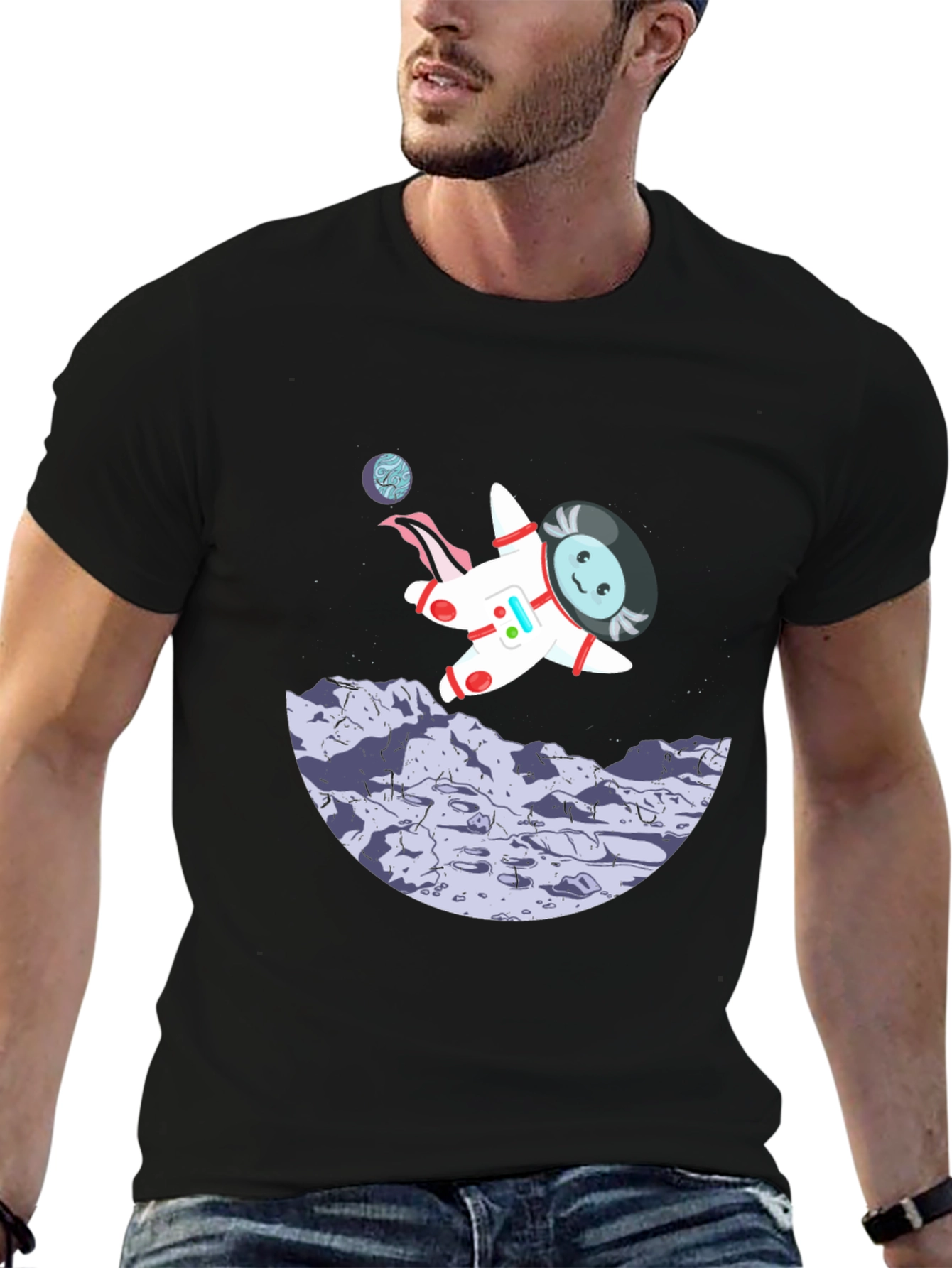 Black Astronaut Cartoon Graphic Black T-Shirt view 6