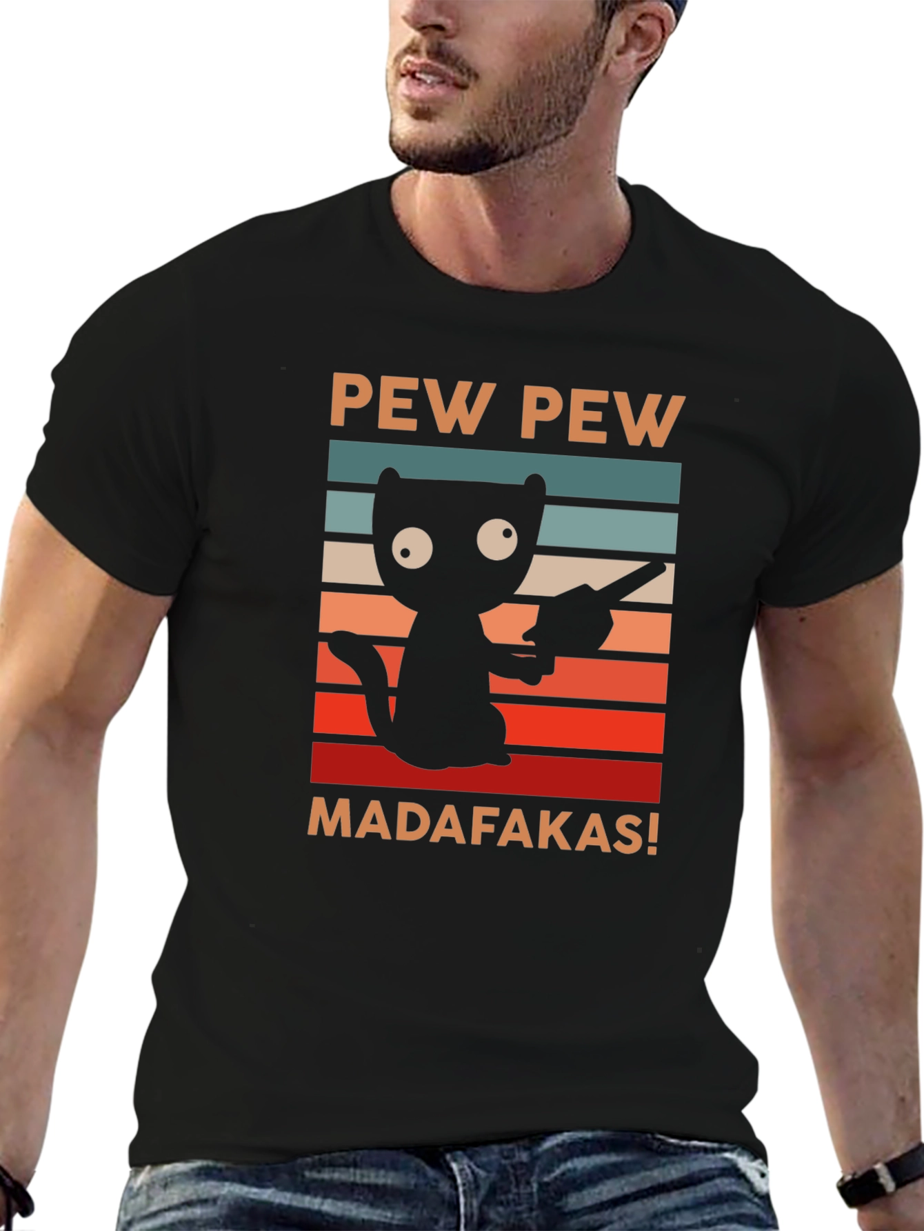 Black Pew Pew Madafakas Cat T-Shirt view 6