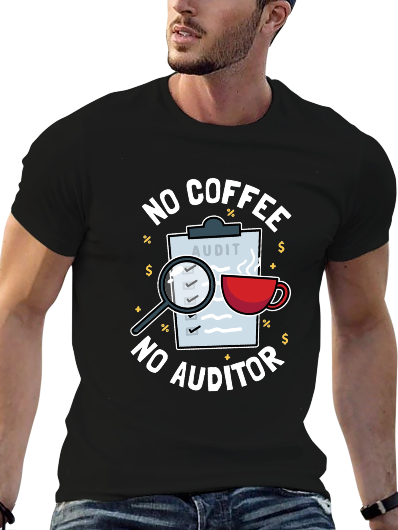 Black No Coffee, No Auditor Funny Graphic T-Shirt view 6