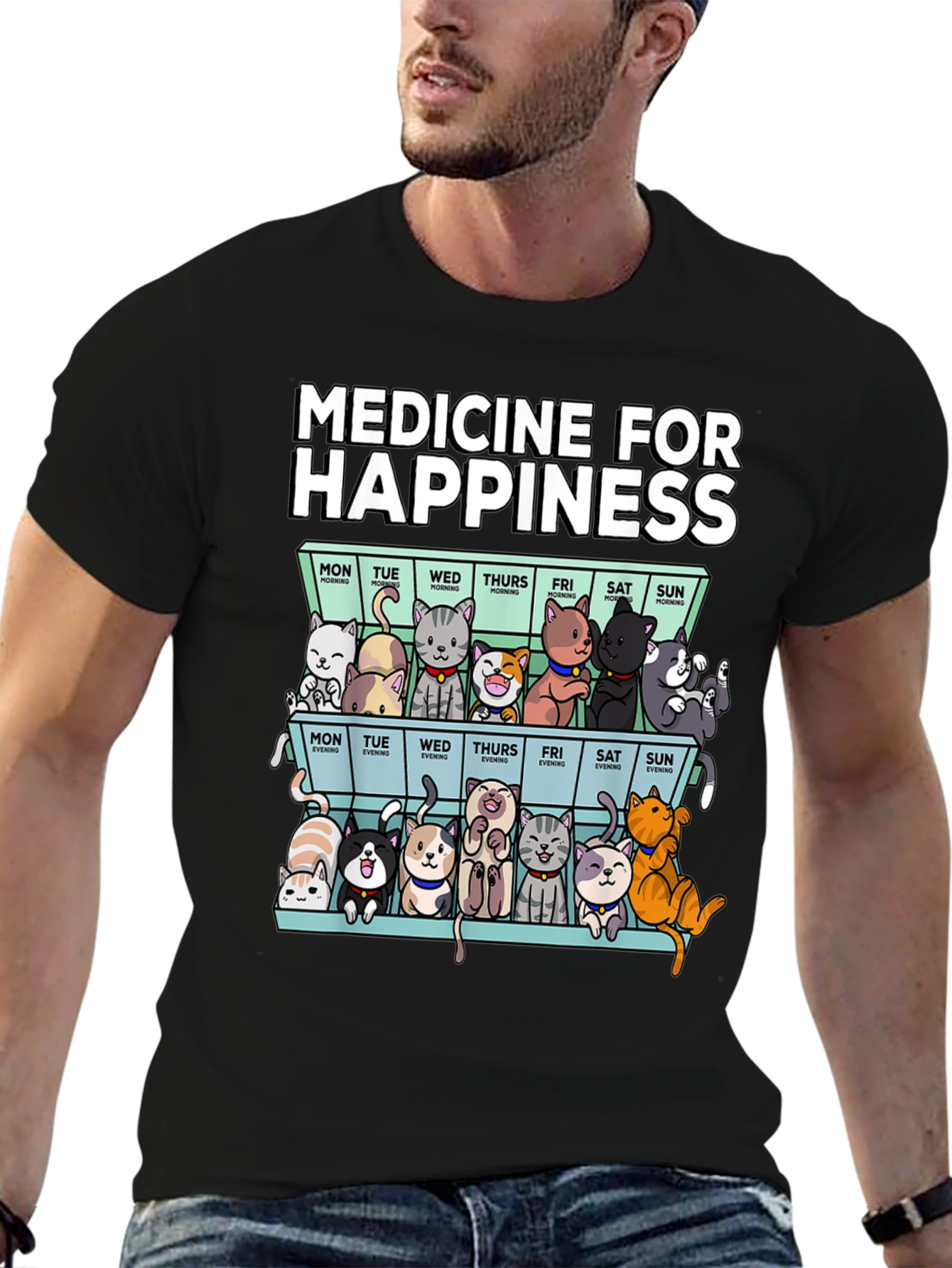 Black Medicine for Happiness Cat Pill Box Black T-Shirt view 6