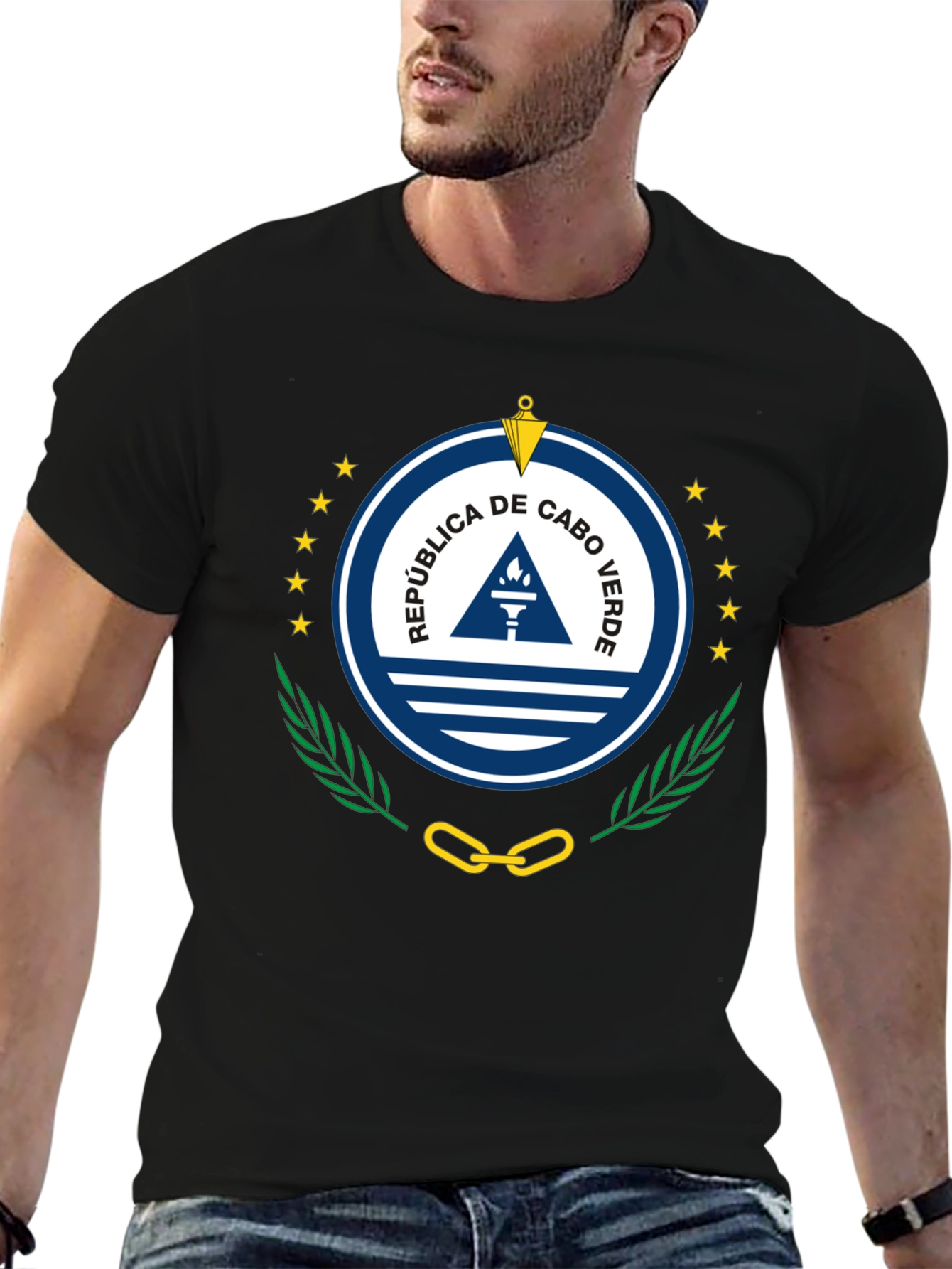 Cape Verde Flag Emblem T-Shirt - Black Crew Neck Tee - 6