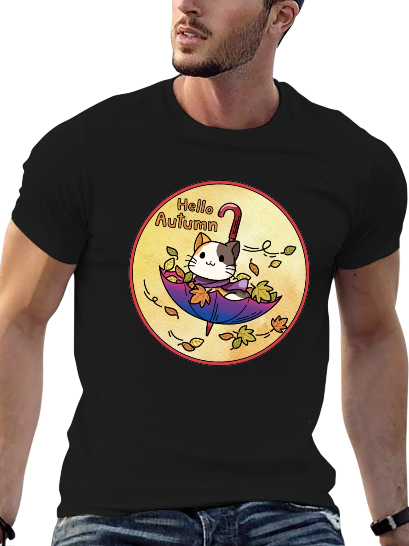 Black Hello Autumn Cat T-Shirt - Unique Fall Design view 6