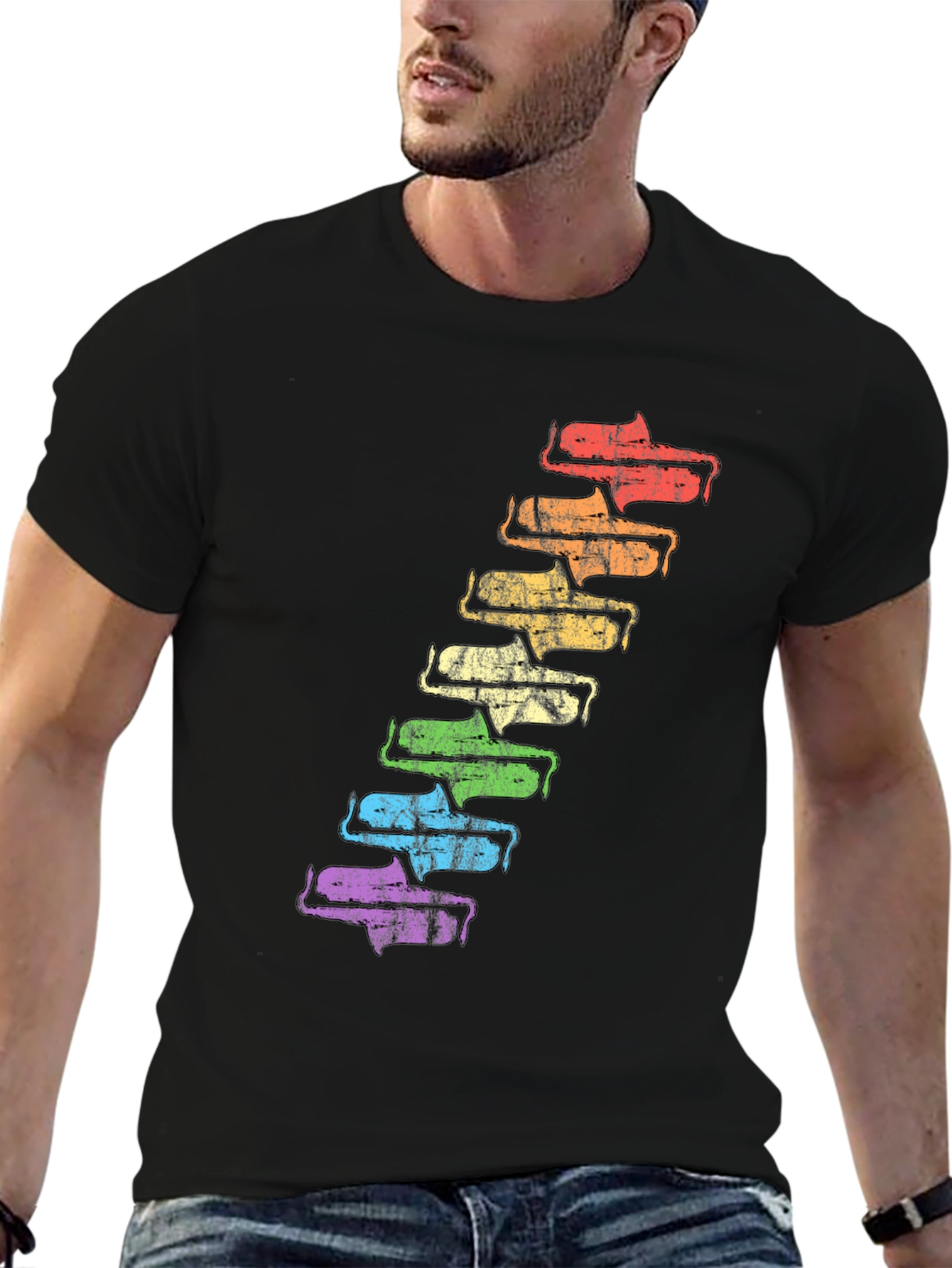 Black Retro Rainbow Saxophone T-Shirt - Unique Music Lover Tee view 6