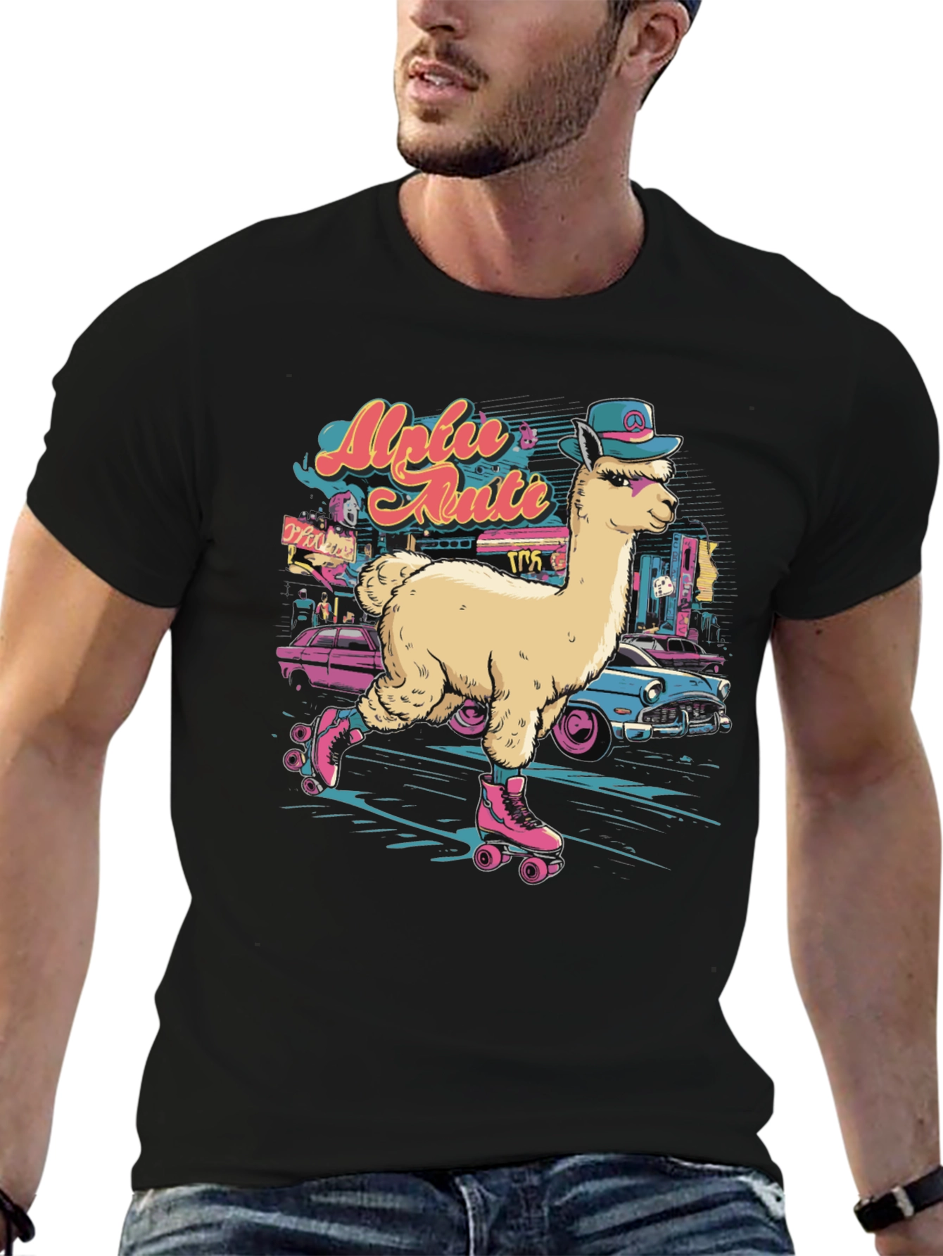 Black Retro Roller Skating Alpaca T-Shirt view 6