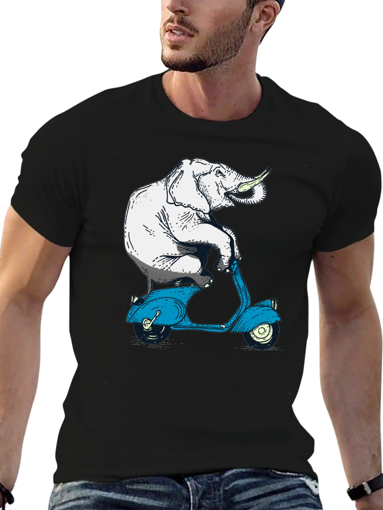 Black Elephant on Scooter Graphic Tee - Novelty Print T-Shirt view 6
